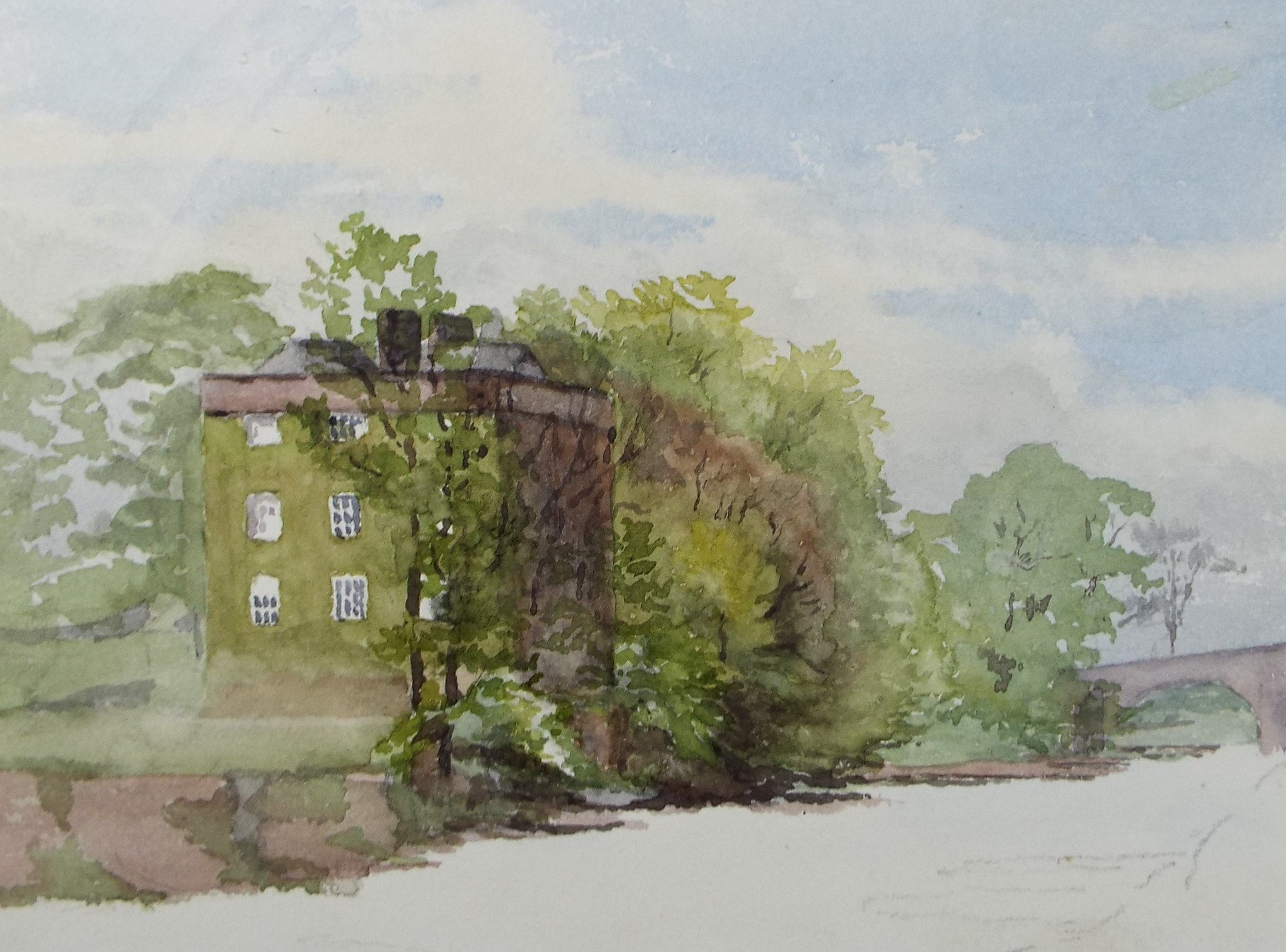 Original Watercolour on Paper,'Riverside Tower House', circa 1890's, Artist Unknown