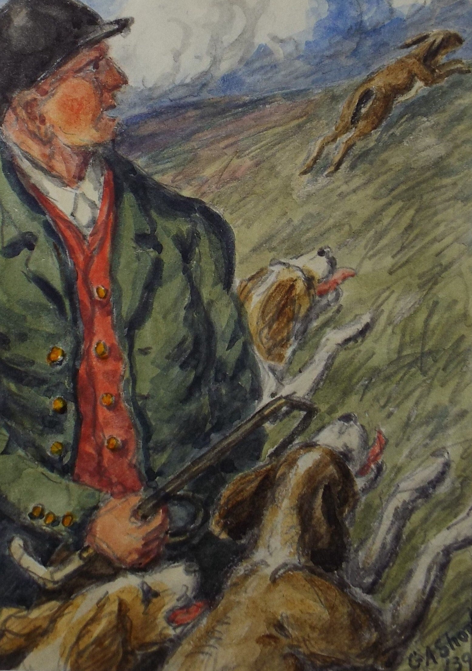 Original Watercolour Drawing, 'Huntsman with Dogs', George Anderson Short (1856-1946), Circa 1930's