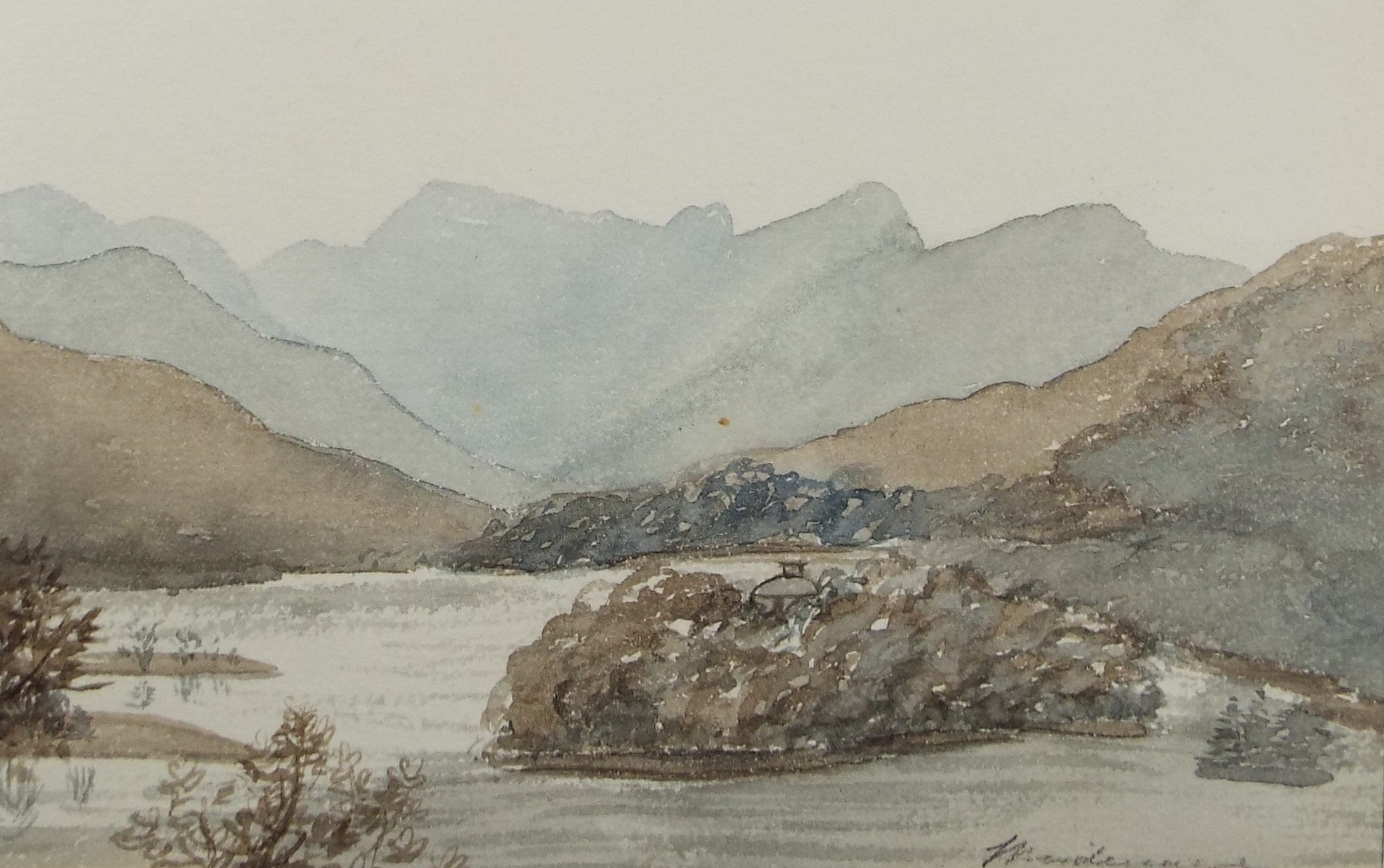 Original Watercolour on Paper,'Lake with Distant Mountains', Circa 1880's , Artist Unknown