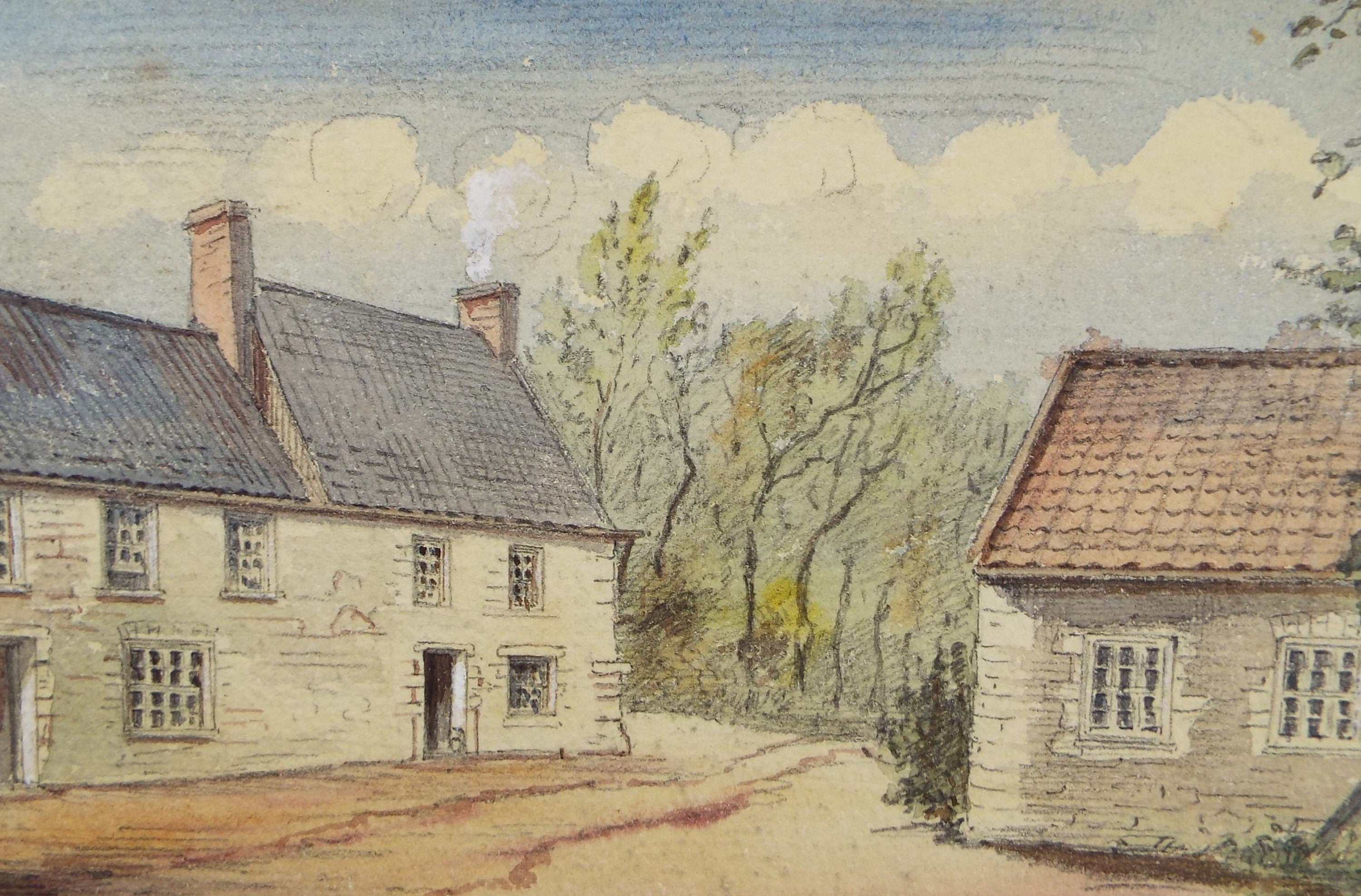 Original Watercolour, 'Country Lane with Cottages', circa 1880, artist unknown