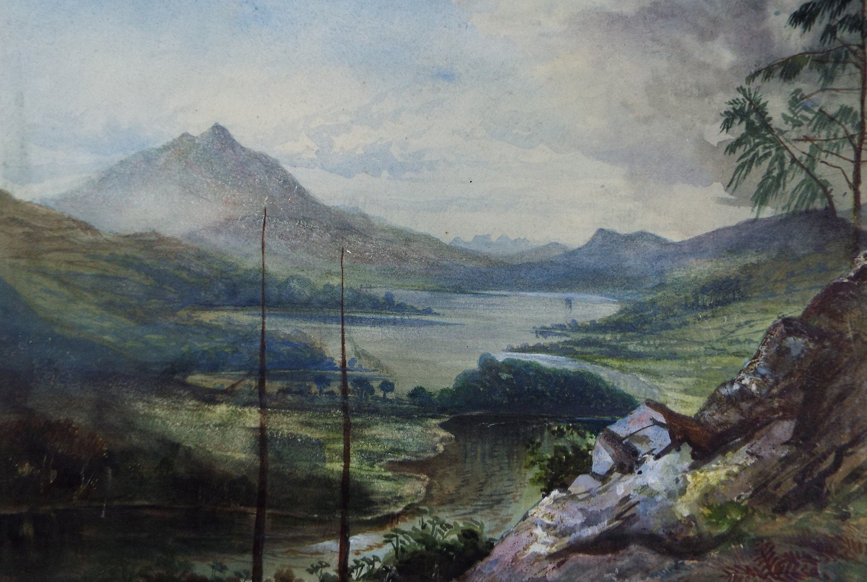 Original Watercolour, 'Lake with Distant Mountain', c1880, A Elliott