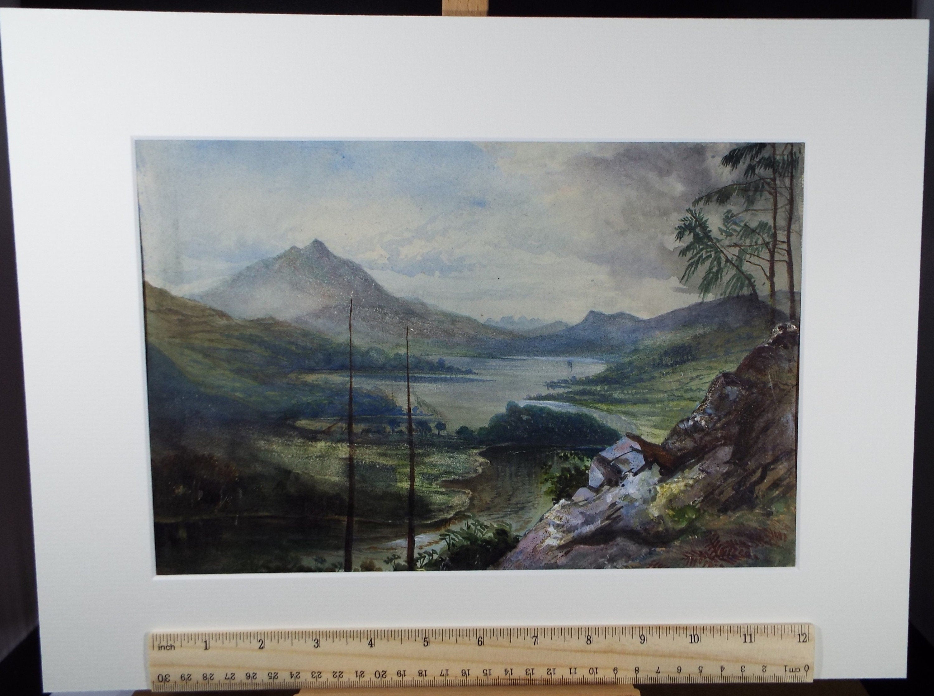 Original Watercolour, 'Lake with Distant Mountain', c1880, A Elliott