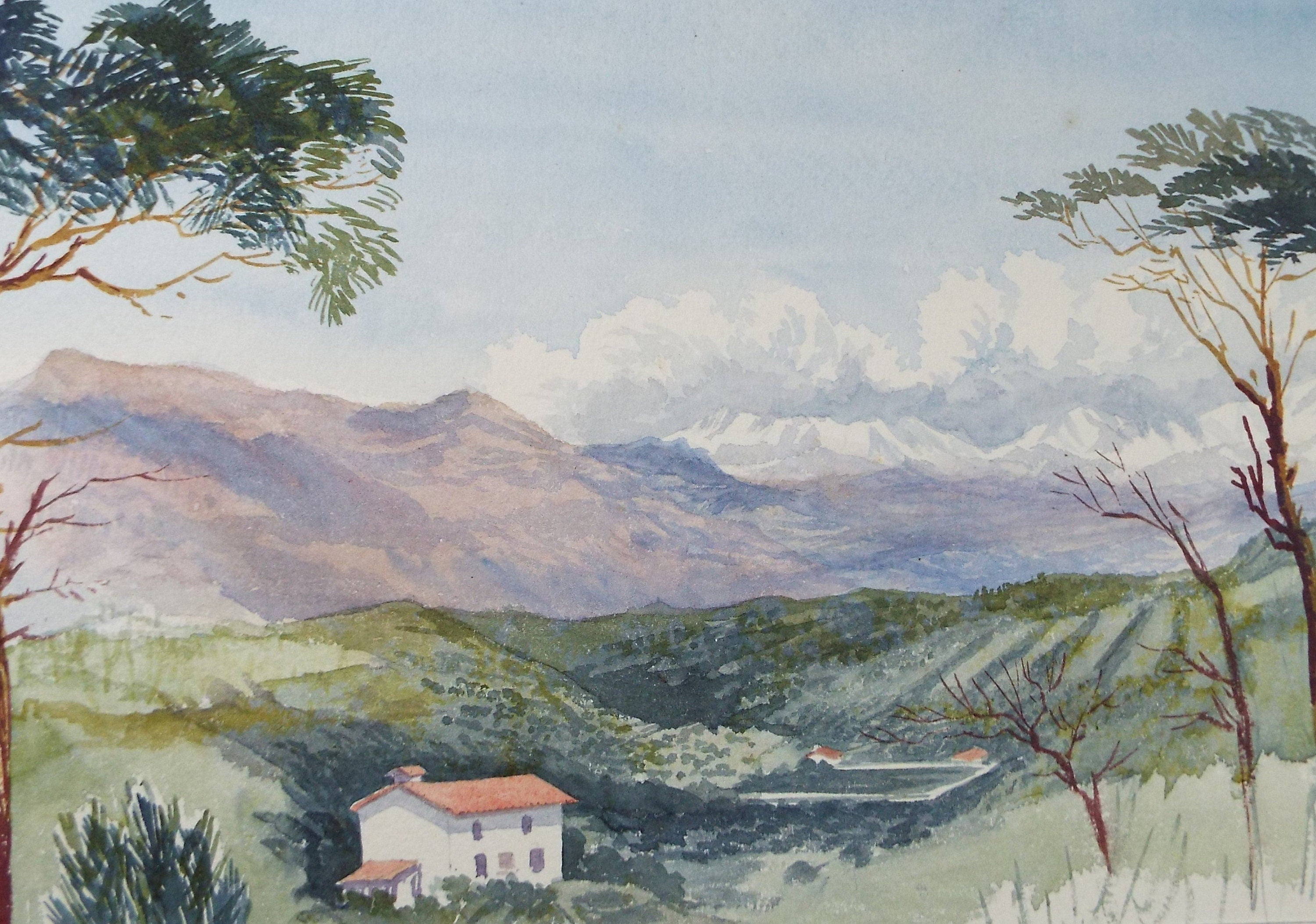 Original Watercolour, 'Farmhouse below the Mountains', c1880, Artist Unknown