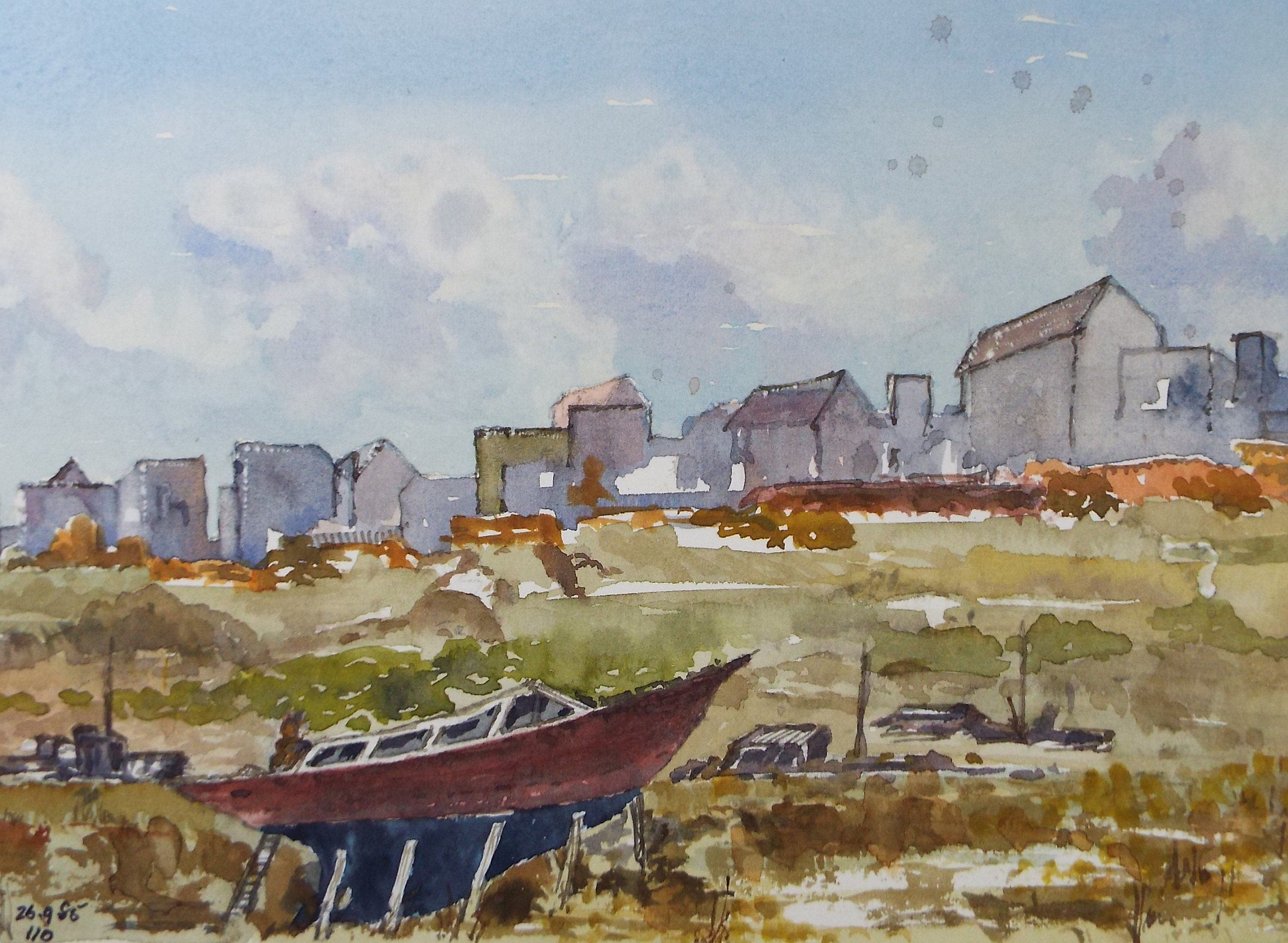 Original Watercolour, 'Town with Boatyard', circa 1980's, Unknown Artist