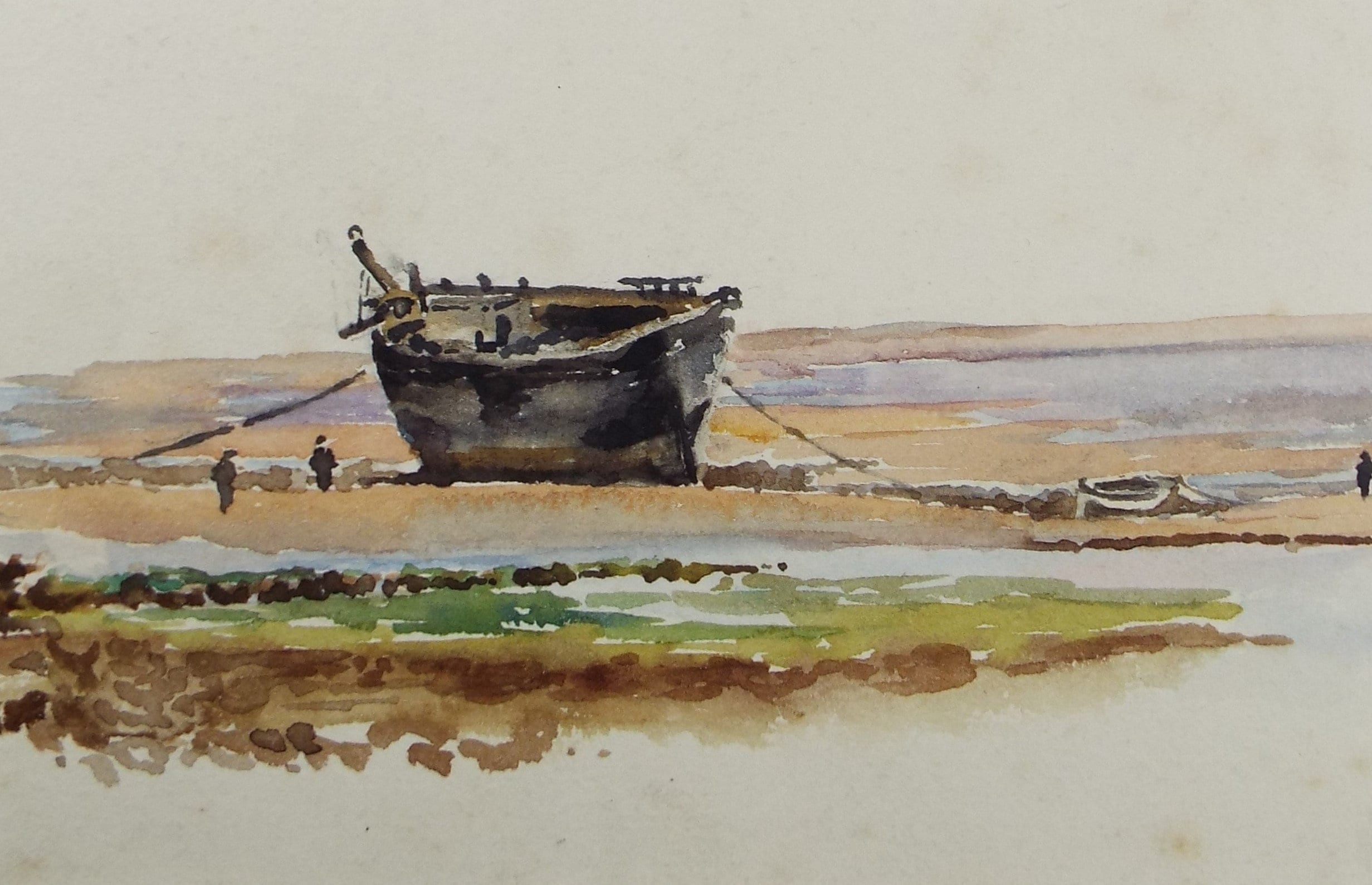 Original Watercolour, Late 19th Century, 'Hulk on the Shore', artist unknown.