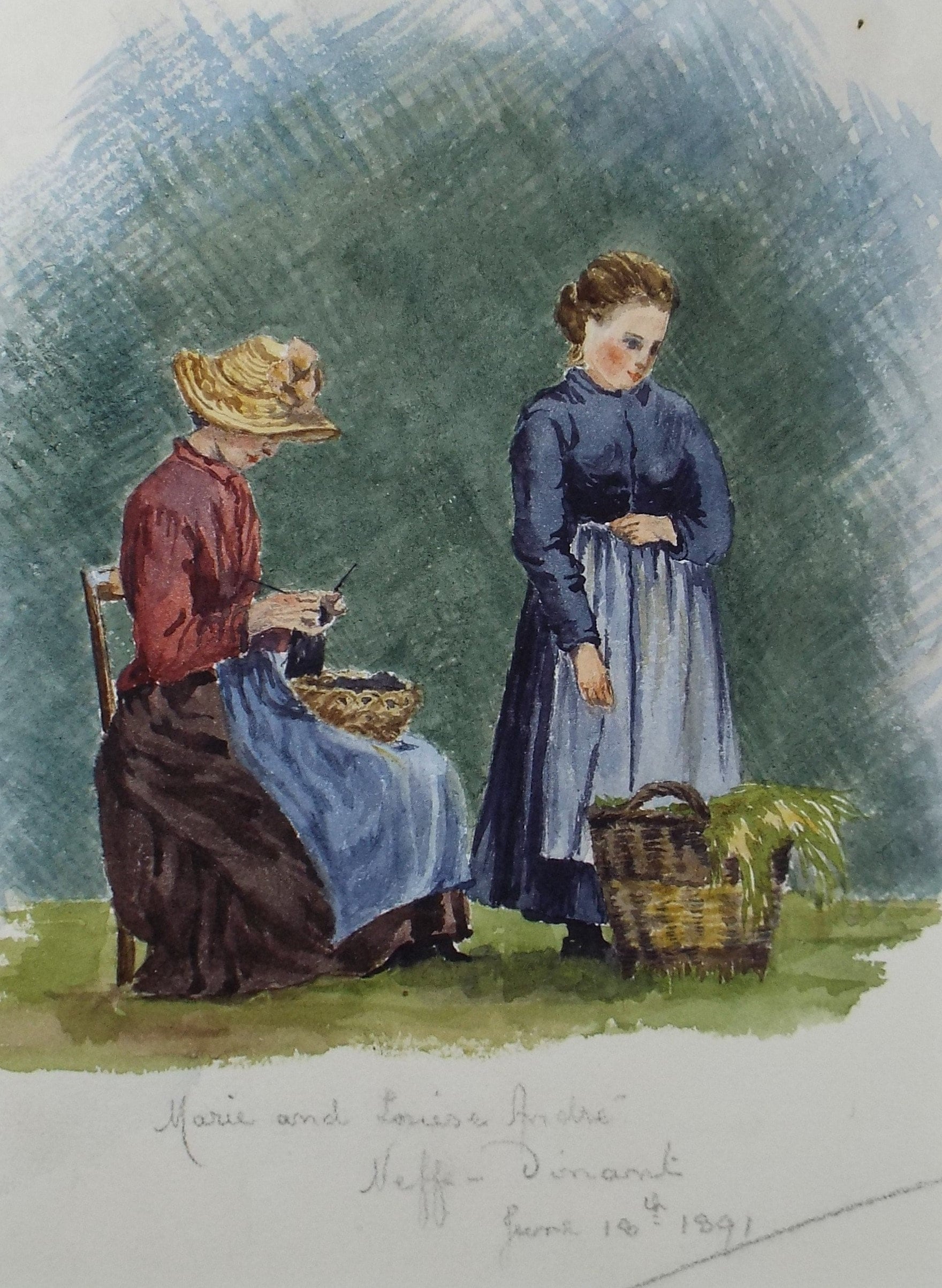 Original Watercolour on Paper,'Marie and Louise Andre', circa 1890's, Artist Unknown