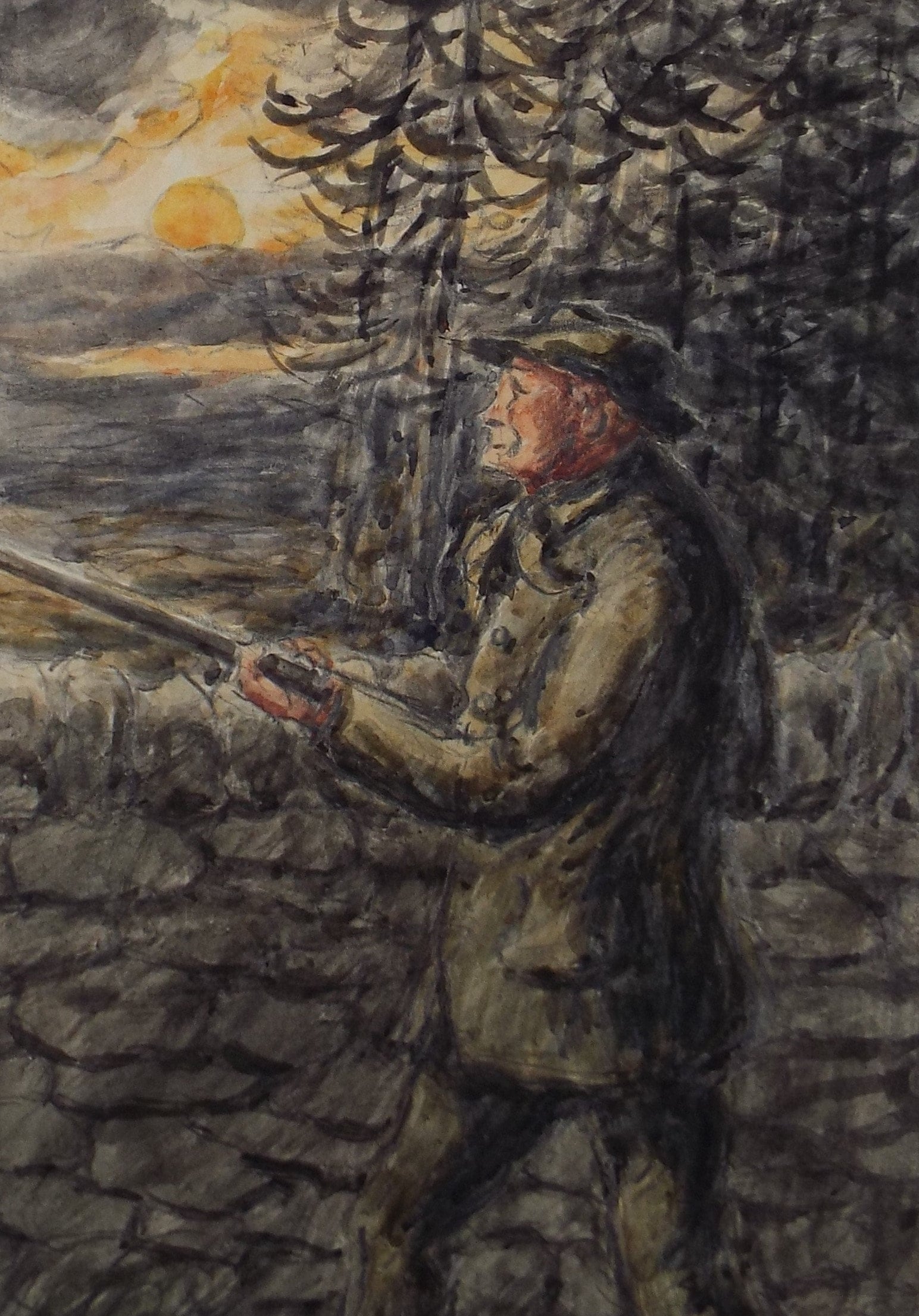 Original Watercolour Drawing , 'Man with Shotgun', George Anderson Short (1856-1946), Circa 1930's