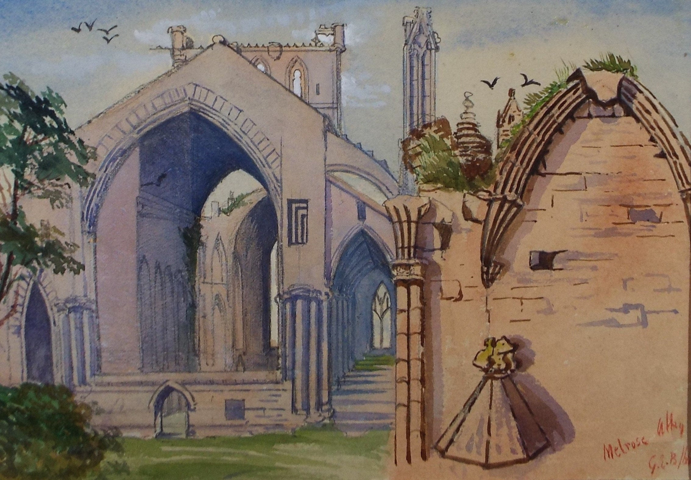 Original Watercolour on Paper,'Melrose Abbey, circa 1880, Artist Unknown