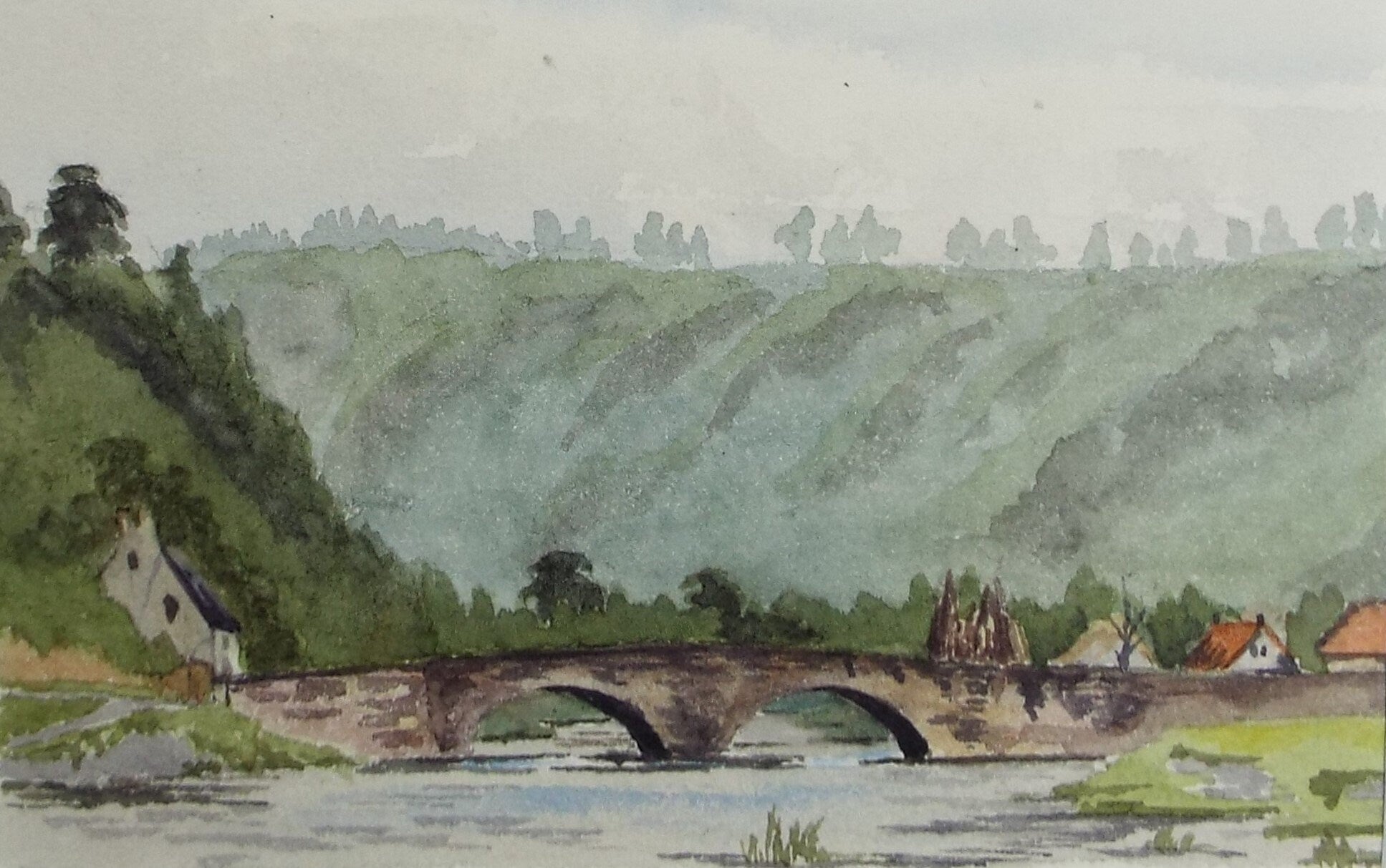 Original Watercolour on Paper,'Bridge over the River',Dated 1891 , Artist Unknown