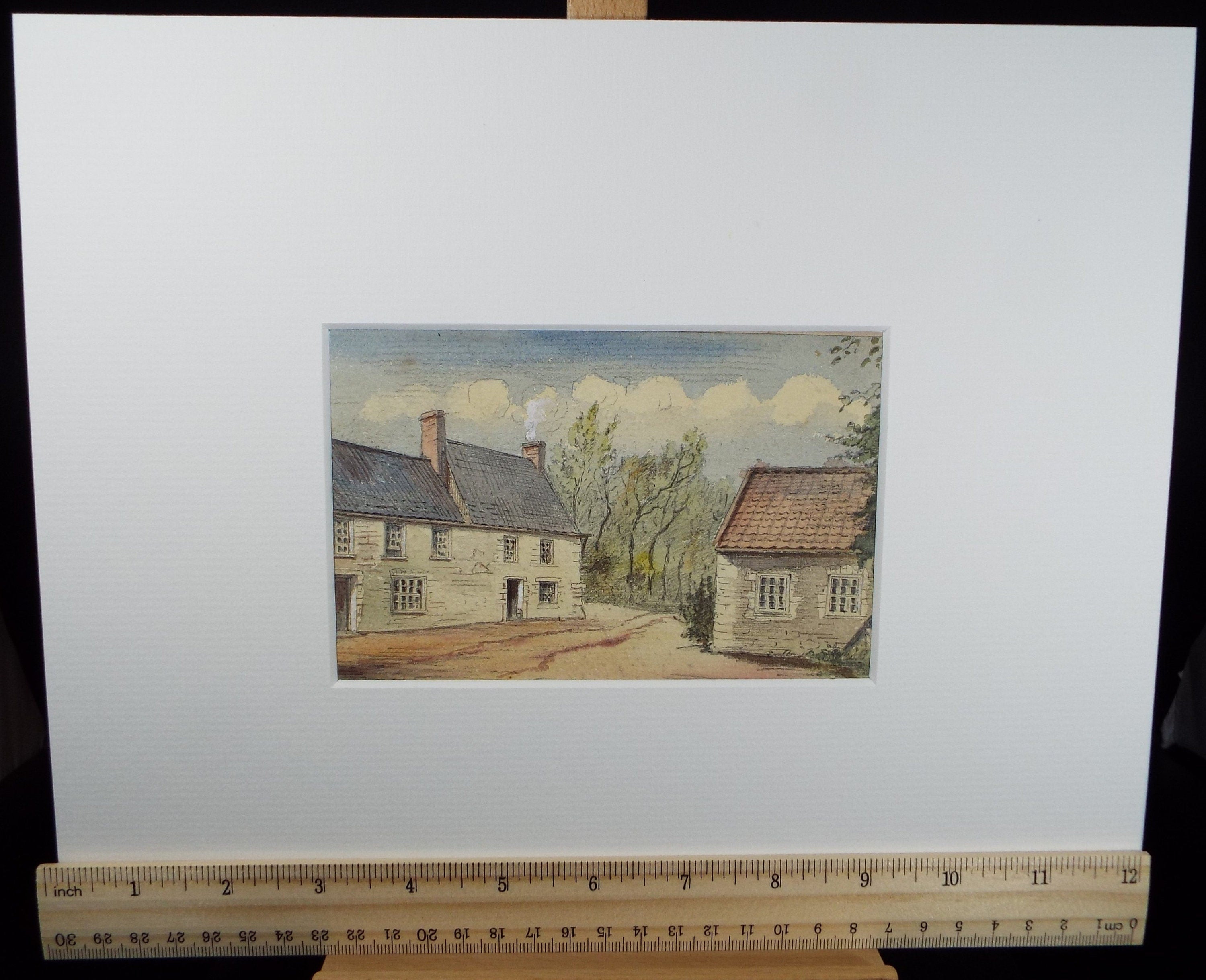Original Watercolour, 'Country Lane with Cottages', circa 1880, artist unknown