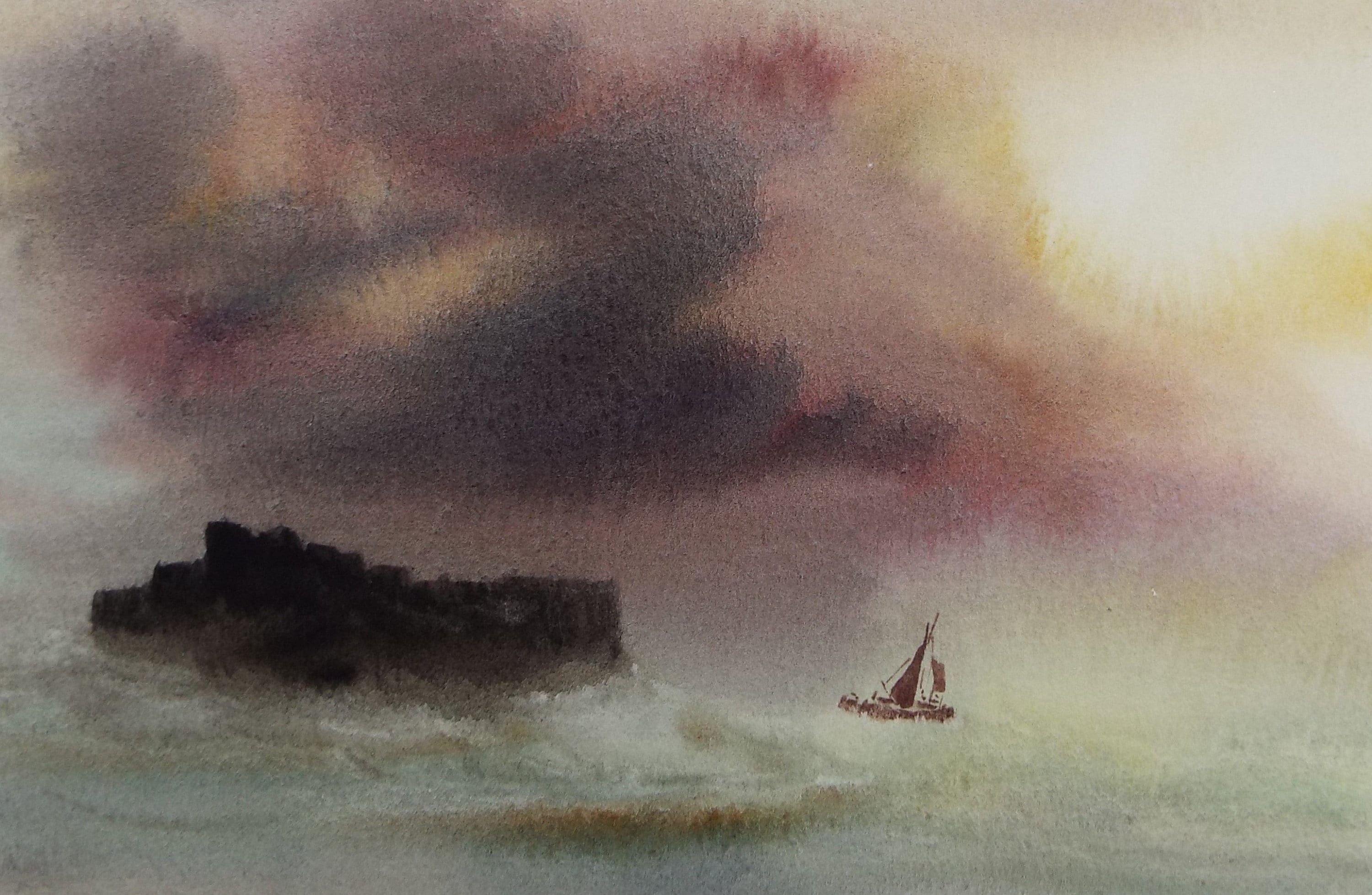 Original Watercolour, 'Yacht Under a Stormy Sky' Trevor Castle, late 20th Century