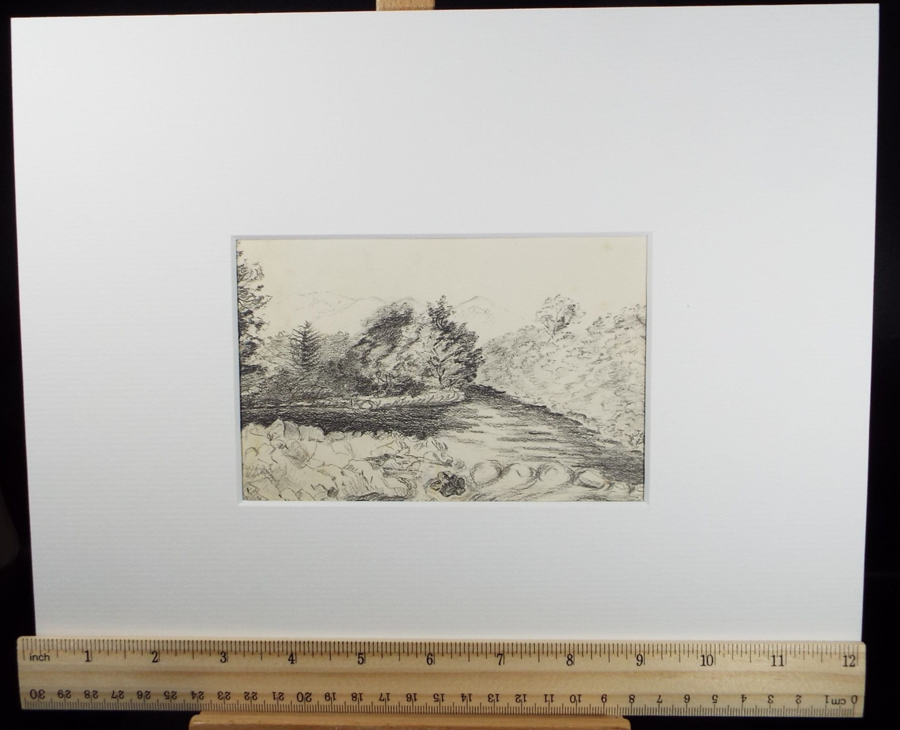 Original Pencil drawing 'River Landscape', Circa 1890, artist Unknown