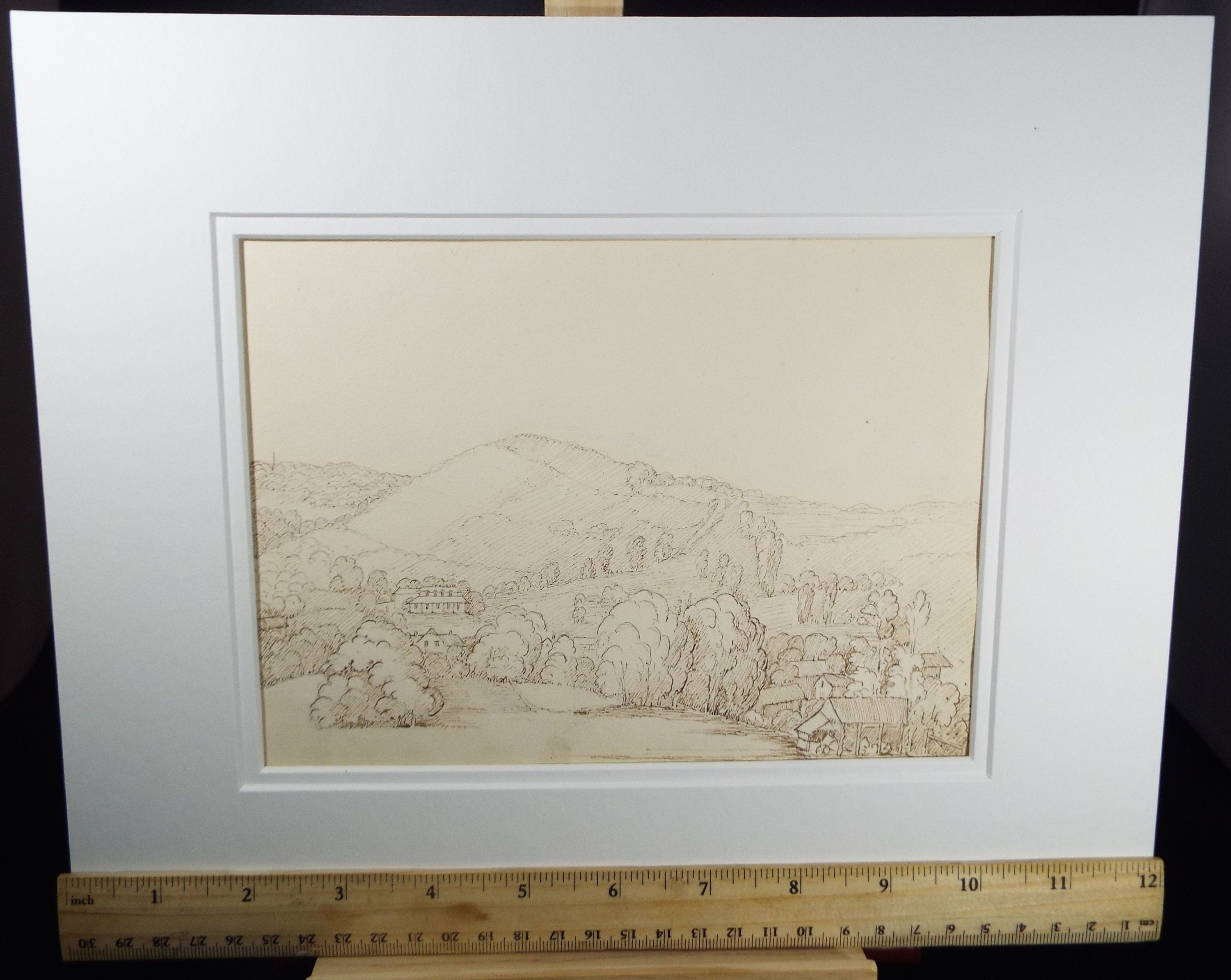 Original Pen & Ink, c1820's, 'Village in a Valley' - probably Devon, Unknown Artist - Landscape - Village in a Wooded Valley