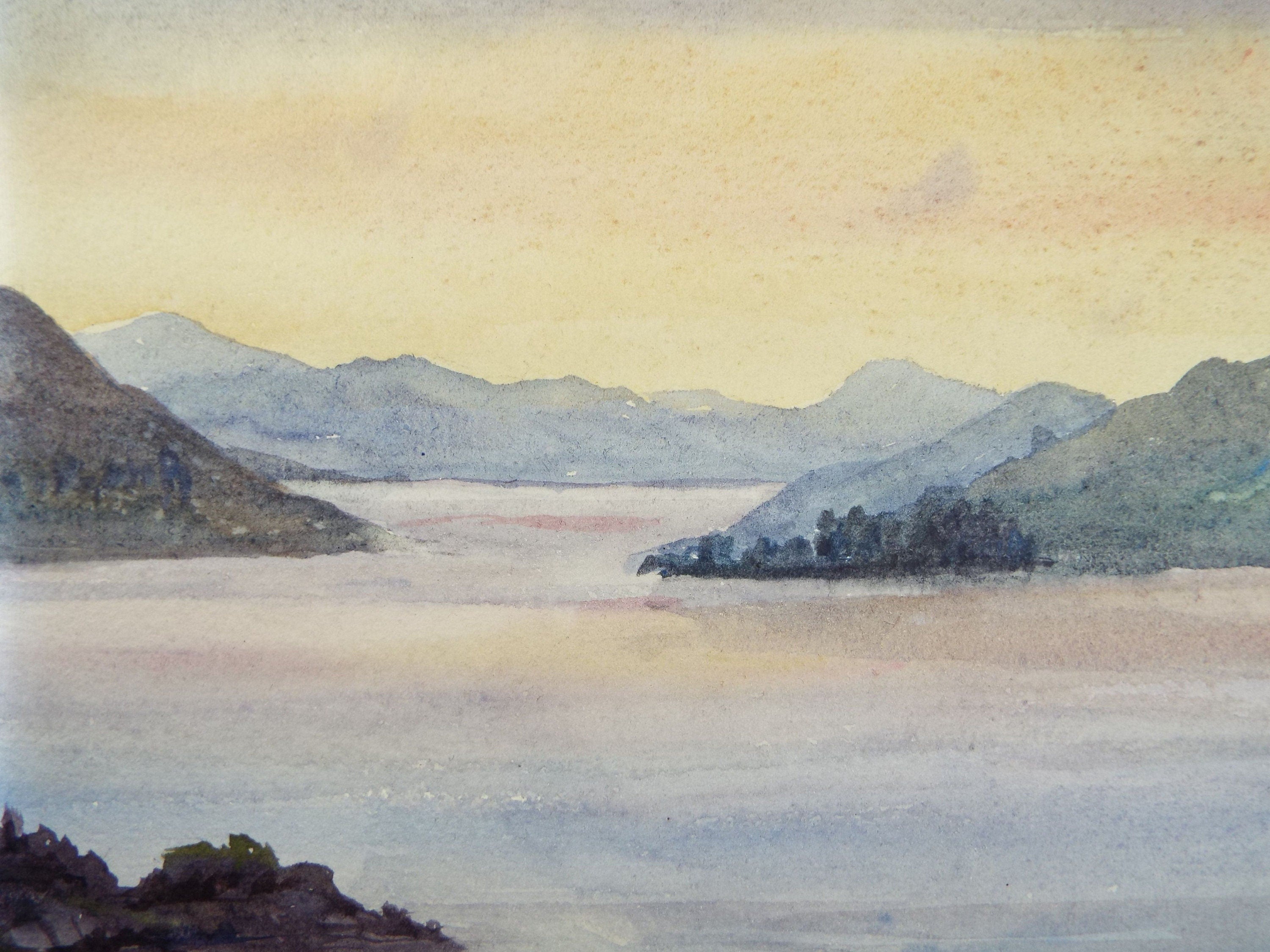 Original Watercolour, 'Lake with Mountains at Sunrise', c1910, Unknown Artist