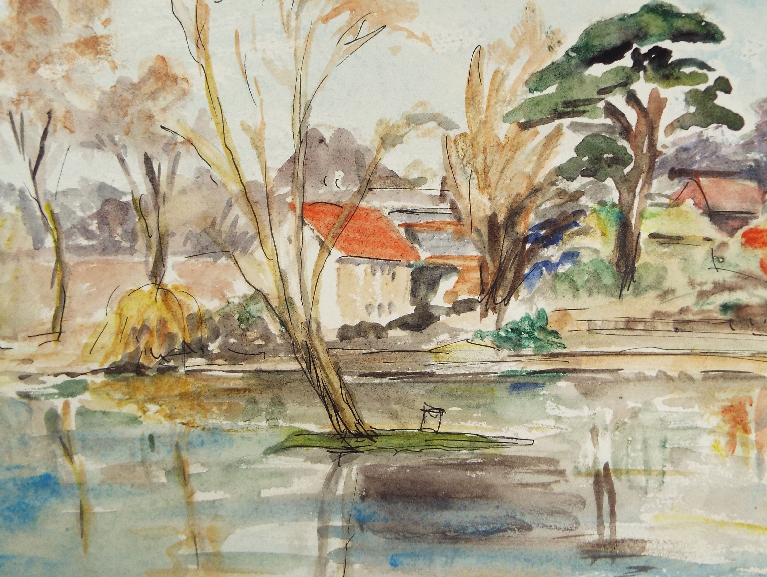 Original Watercolour , 'Riverside house' Circa 1950's, Unknown artist