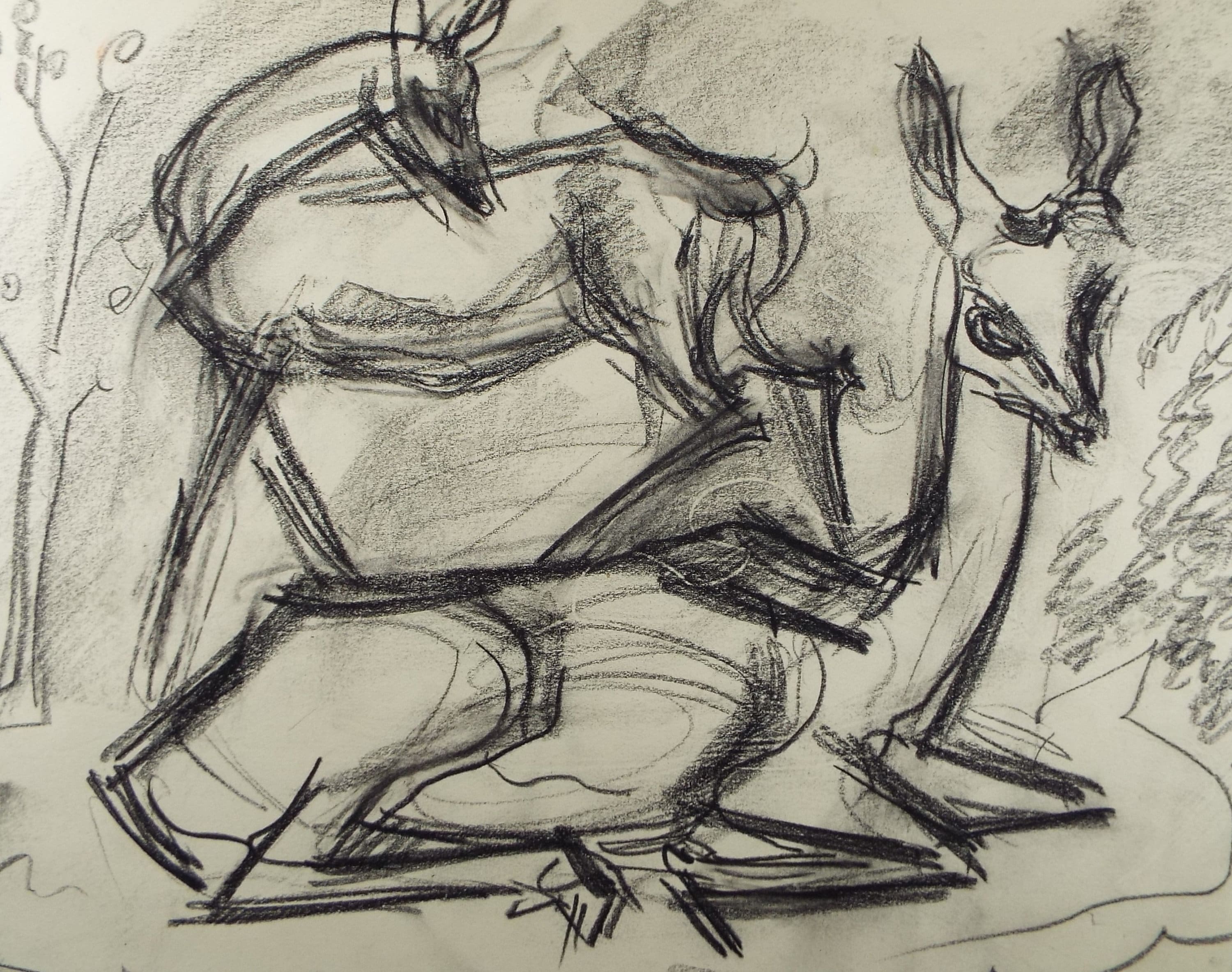Original Conte Drawing, 'Impala', Dated 1950, Henry Saunders (1918-1982)