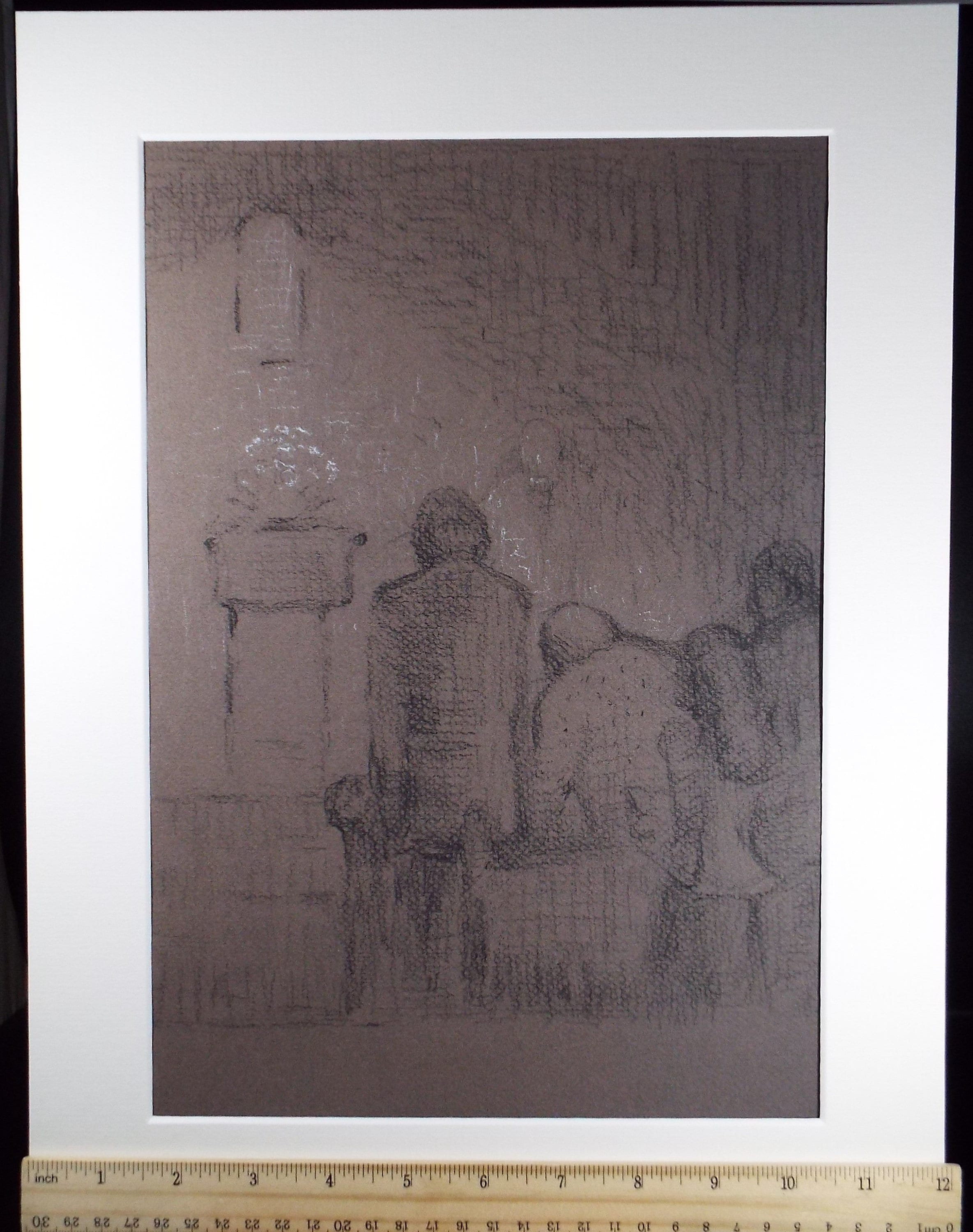 Original Pastel Drawing,'Figures at a bus stop', circa 1990, Mariota Bosanquet (1923-2022)