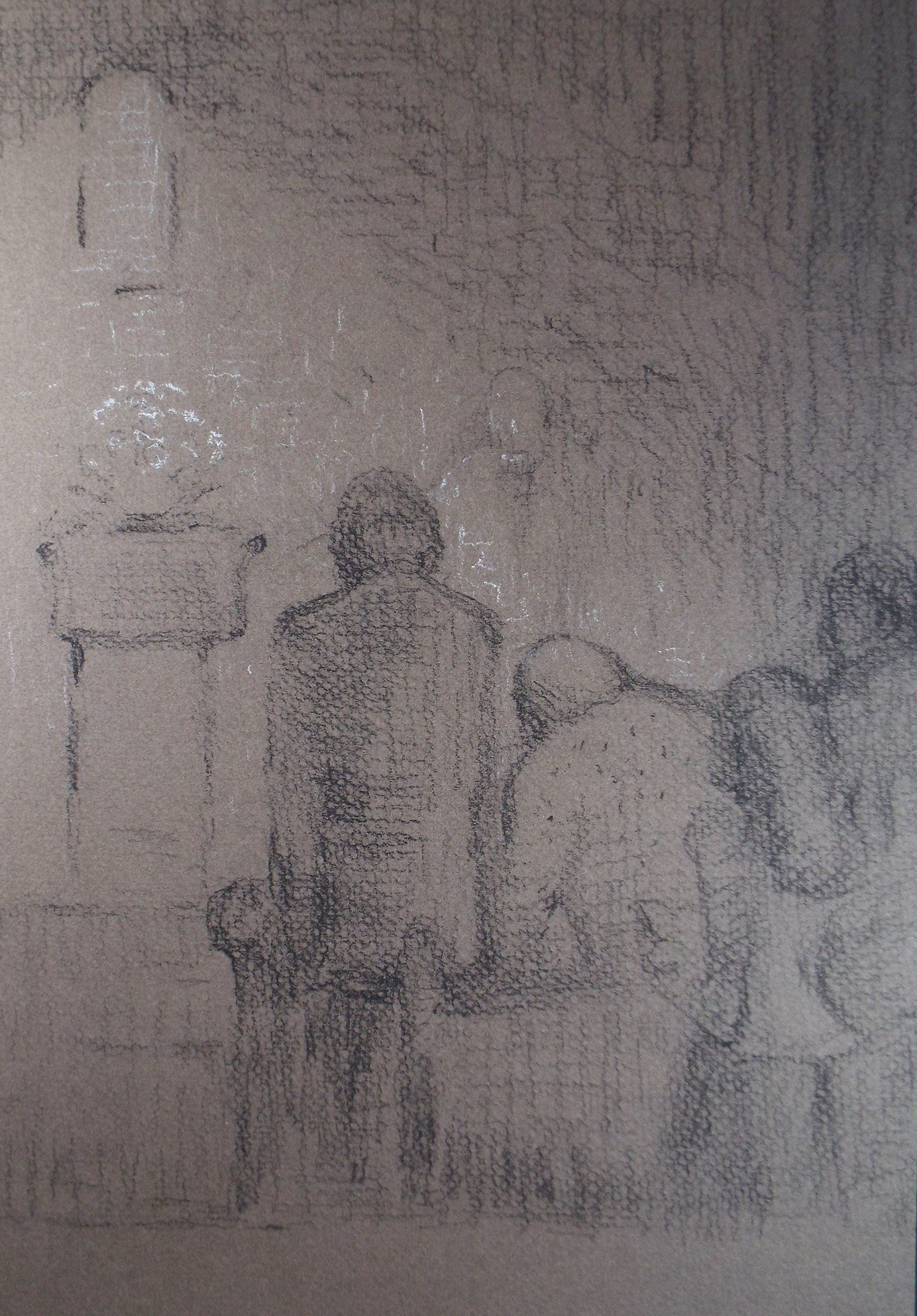 Original Pastel Drawing,'Figures at a bus stop', circa 1990, Mariota Bosanquet (1923-2022)