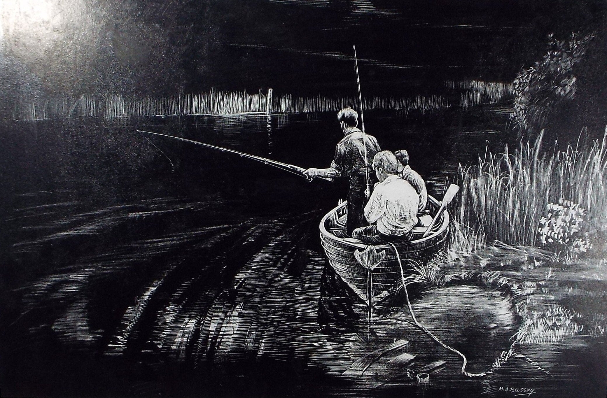 Original Etching on Scraperboard 'Fishing on the Norfolk Broads', Mich