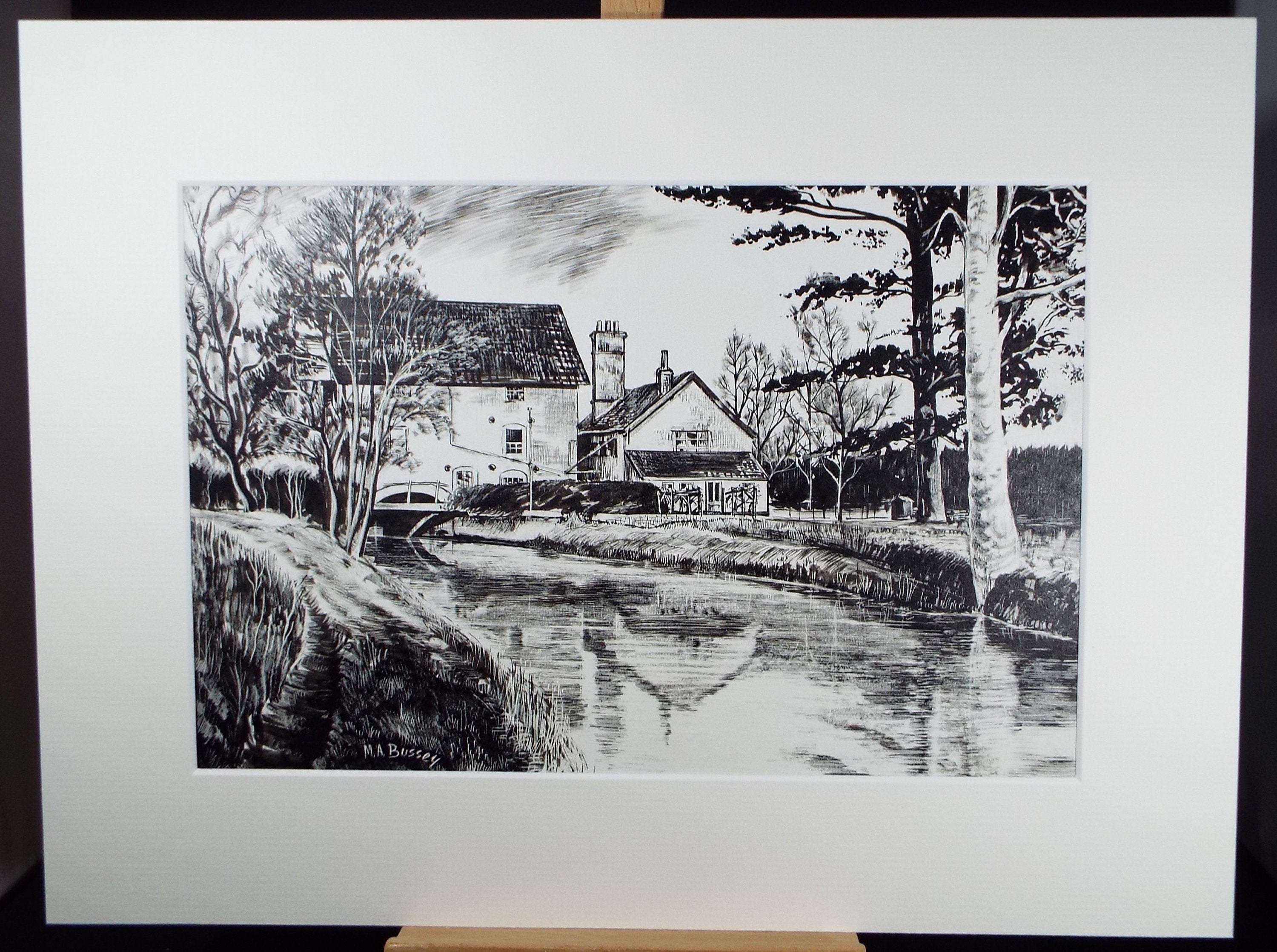 Original Etching on Scraperboard 'The Water Mill', Michael A. Bussey, circa 1960's