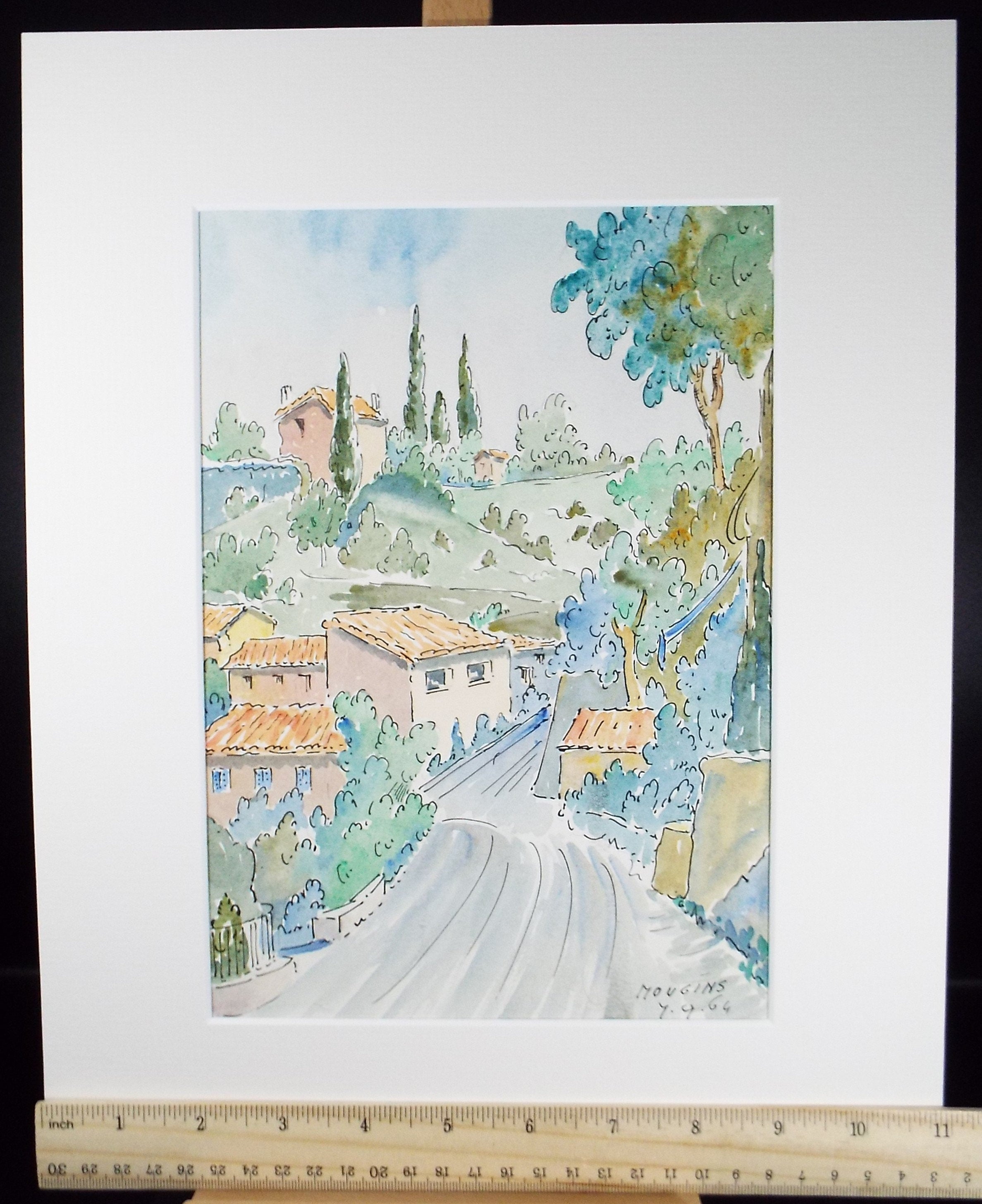 Original Watercolour & ink, 'Mougins', Cicely Glyn de Beers (1891-1973), Dated 1964