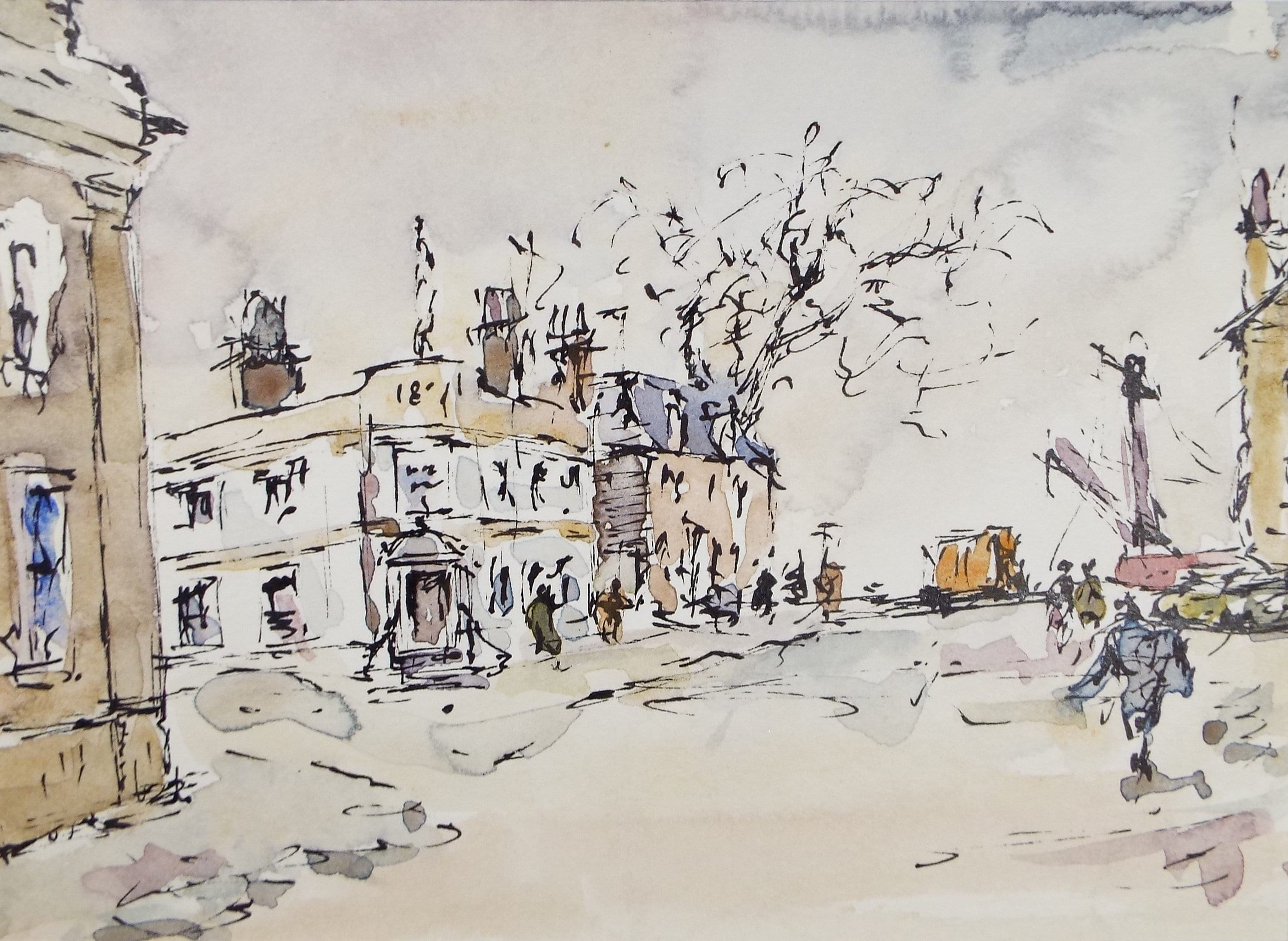 Original Watercolour drawing, 'Streetscape with Figures', Hugh McKenzie (1909-2005), Mid 20th Century