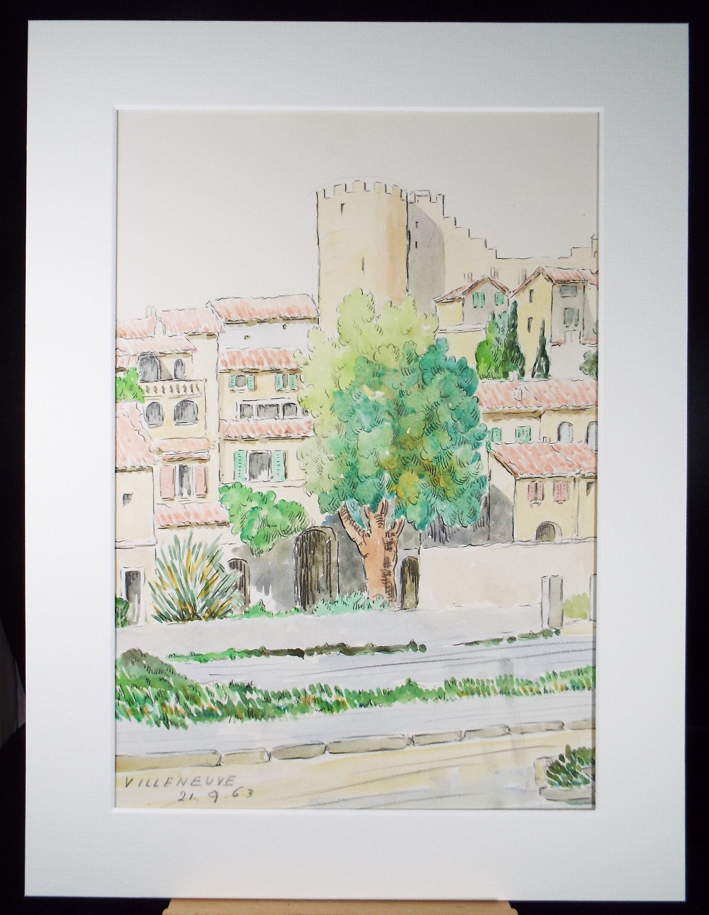 Original Watercolour & Ink , 'Villeneuve', Cicely Glyn de Beers (1891-1973), Dated 1963