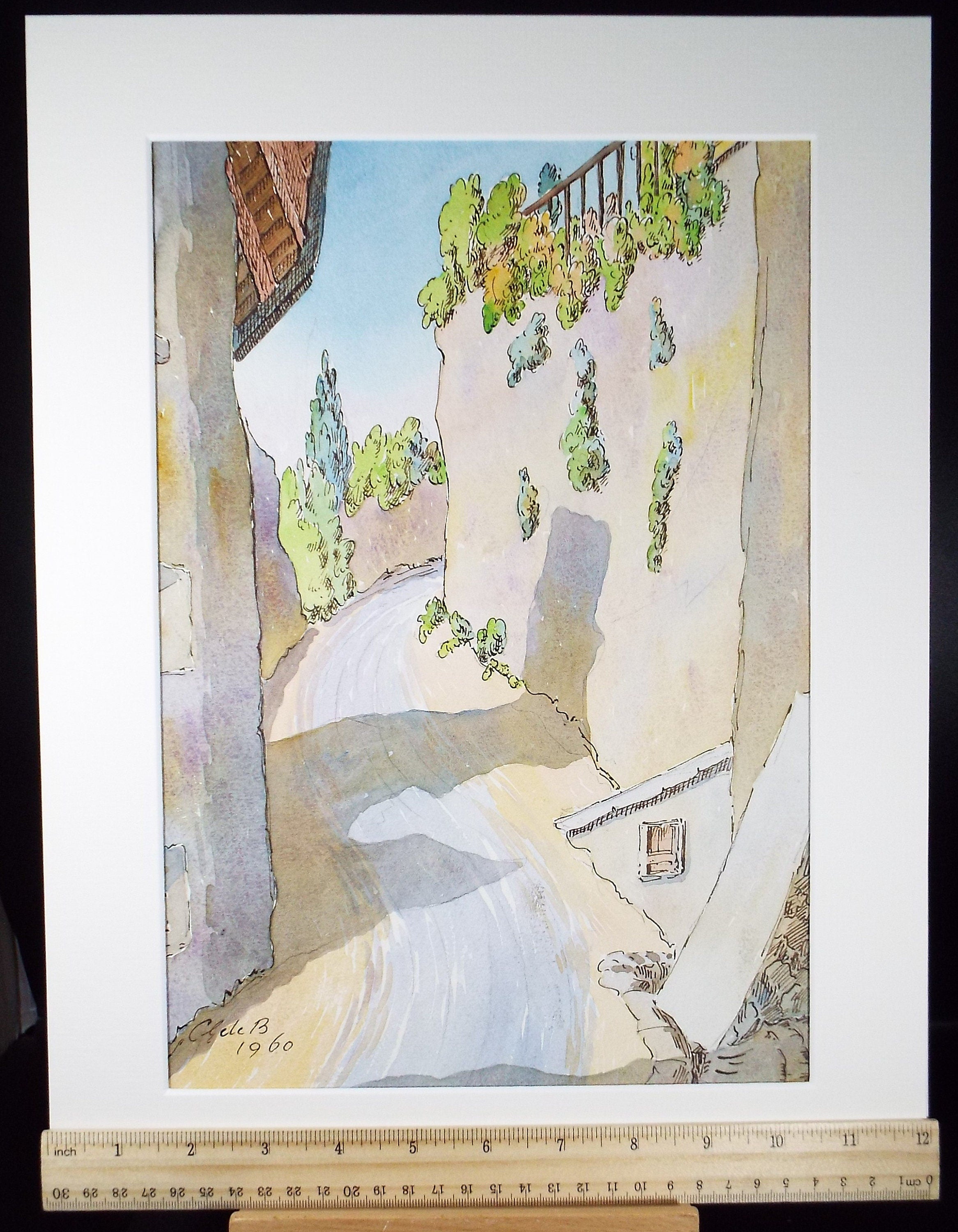 Original Watercolour & Ink , 'Saint Saphorin', Cicely Glyn de Beers (1891-1973), Dated 1960