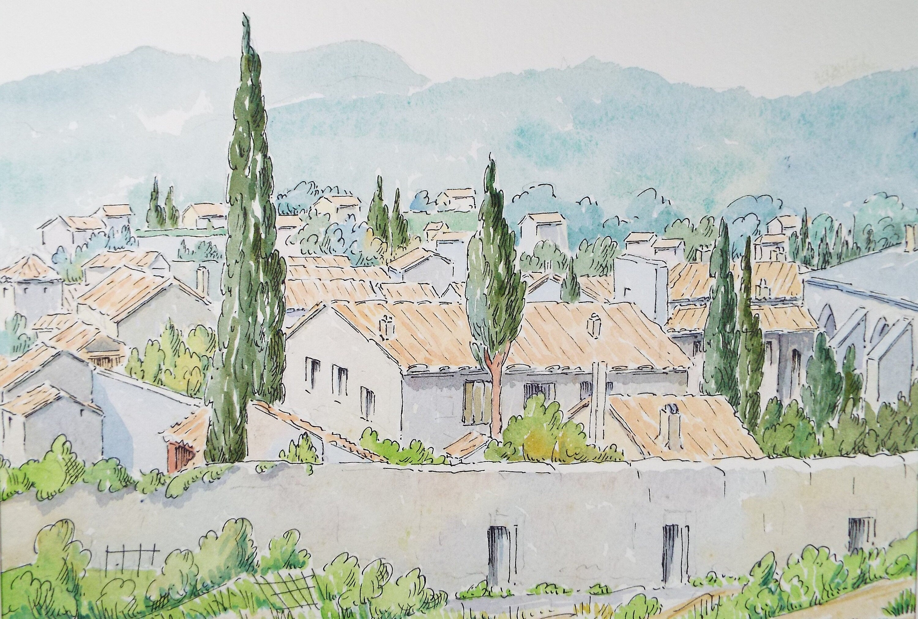 Original Watercolour & Ink , 'Villeneuve', Cicely Glyn de Beers (1891-1973), Dated 1963
