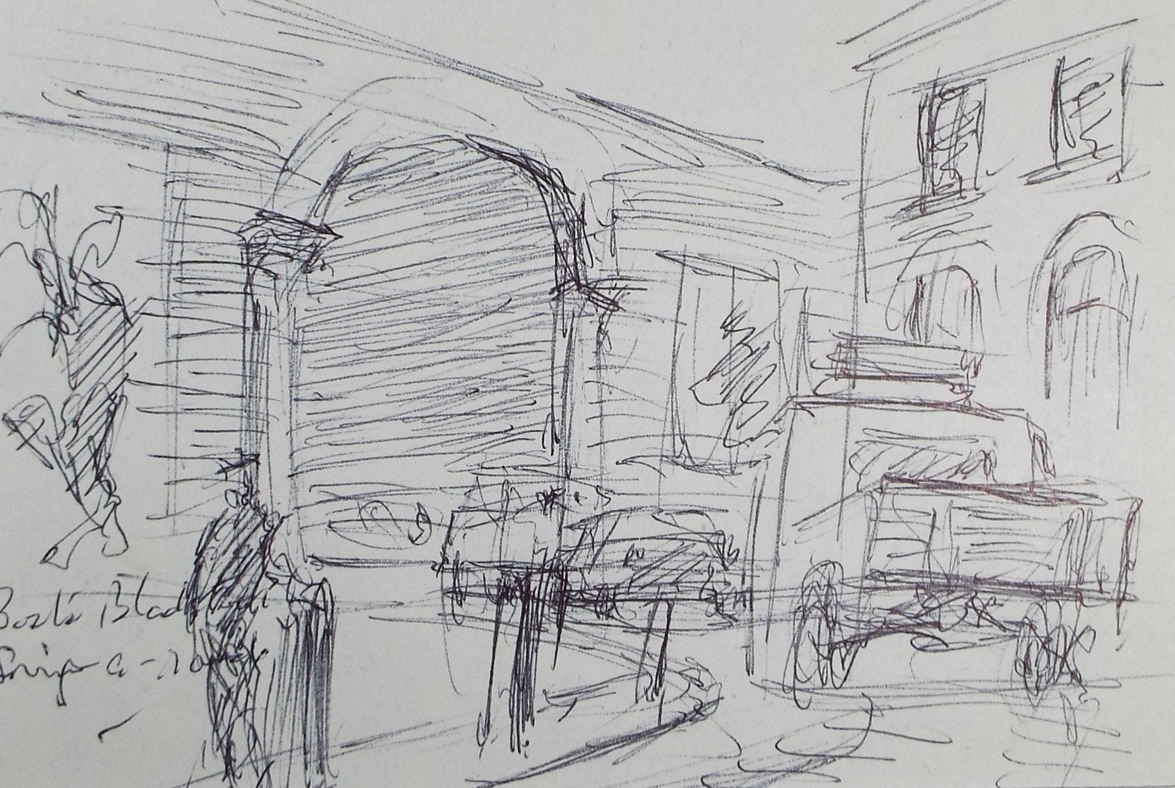 Original Pen & ink sketch, 'Road Traffic with Figures', Hugh McKenzie (1909-2005), Mid 20th Century