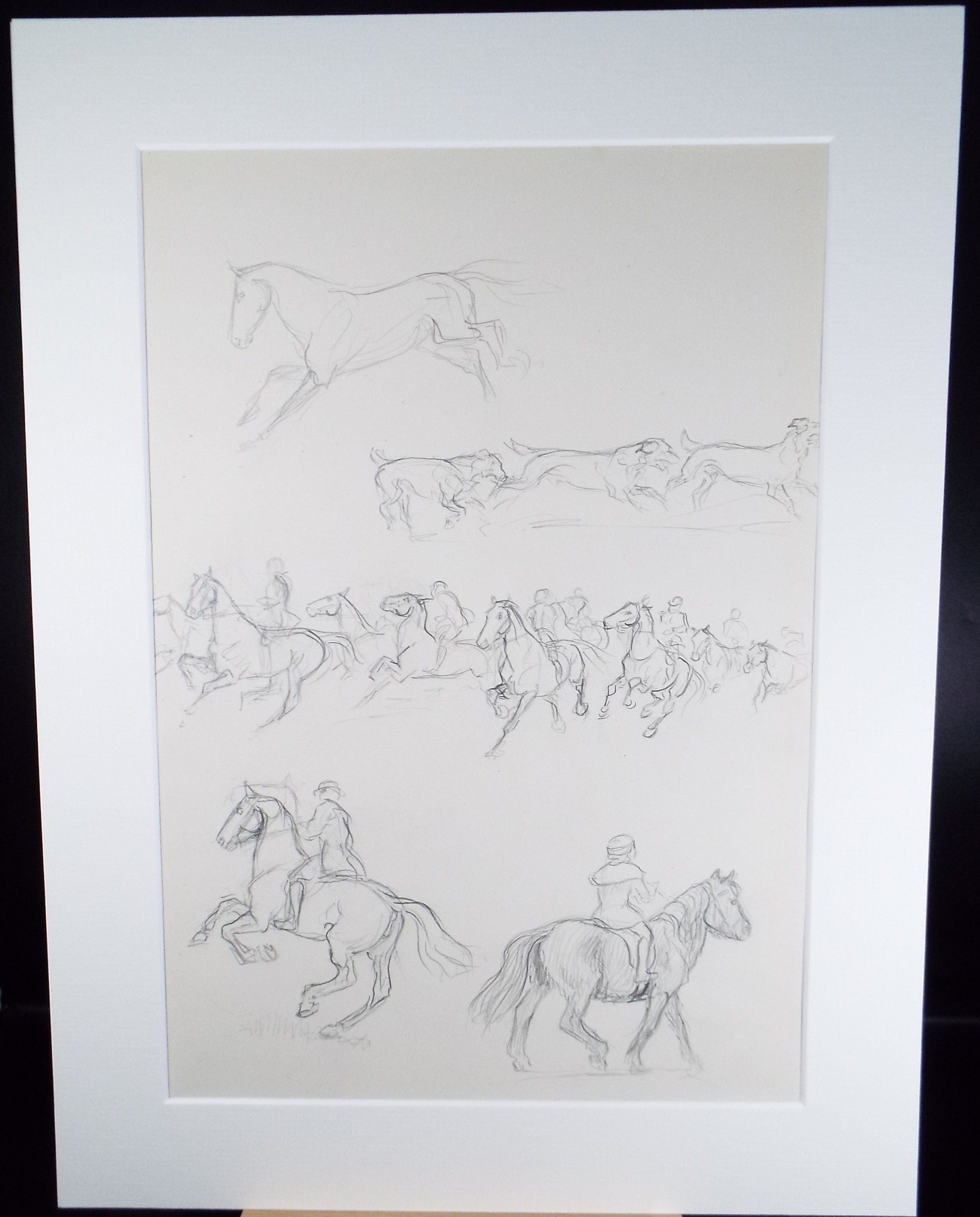 Original Pencil Sketch,'Study of Horses and Hounds', Helen Collins (1921-1990), circa 1938/9