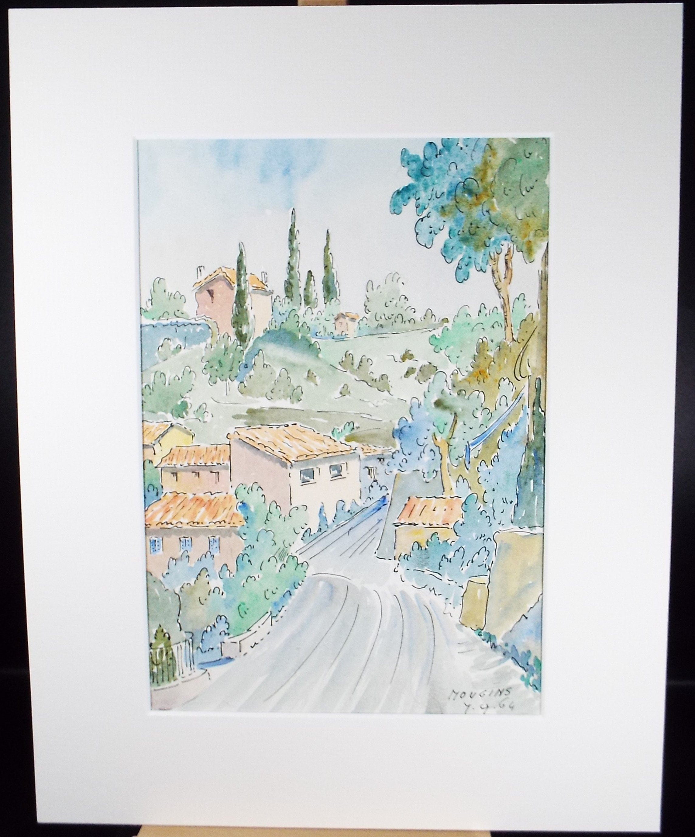 Original Watercolour & ink, 'Mougins', Cicely Glyn de Beers (1891-1973), Dated 1964