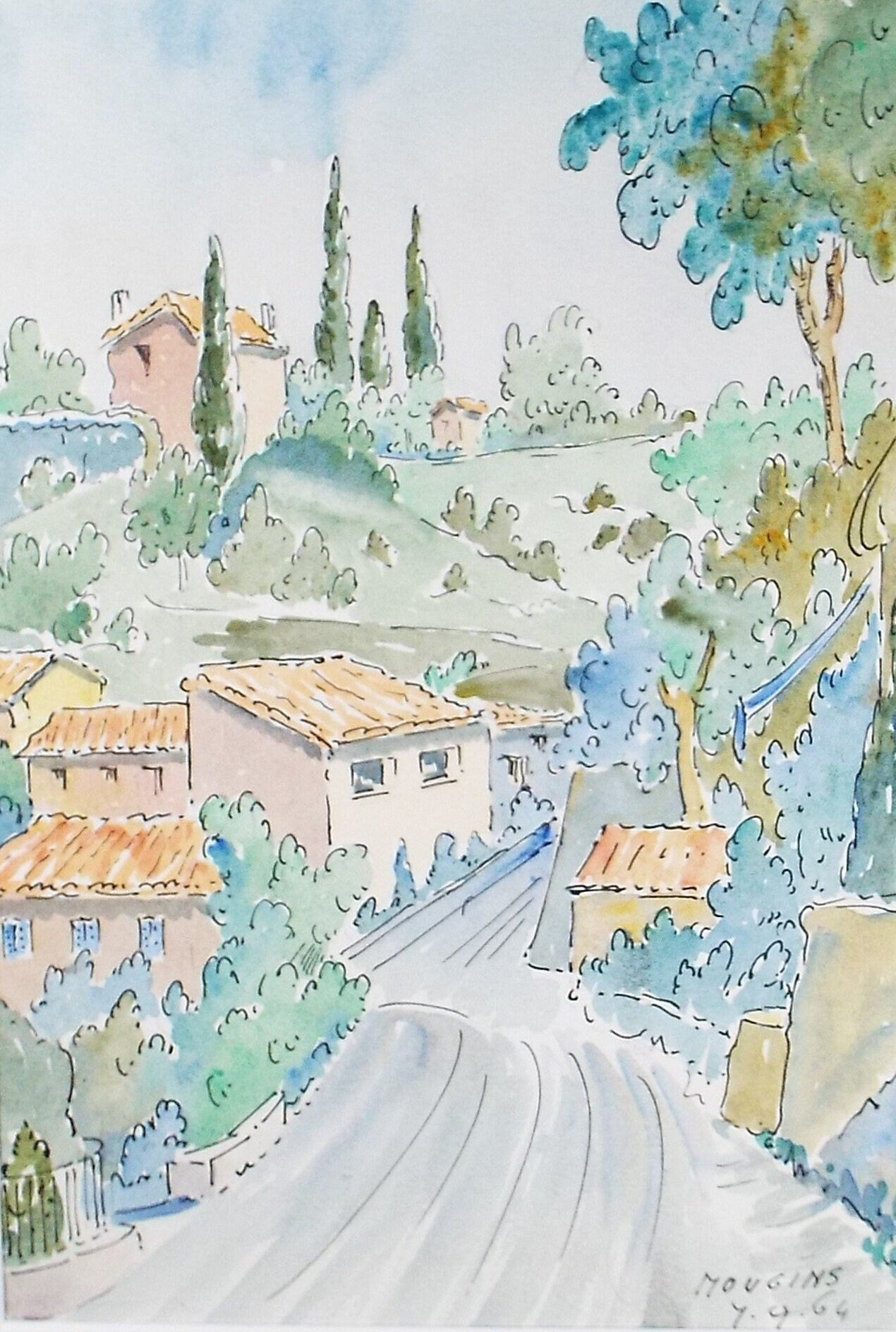 Original Watercolour & ink, 'Mougins', Cicely Glyn de Beers (1891-1973), Dated 1964