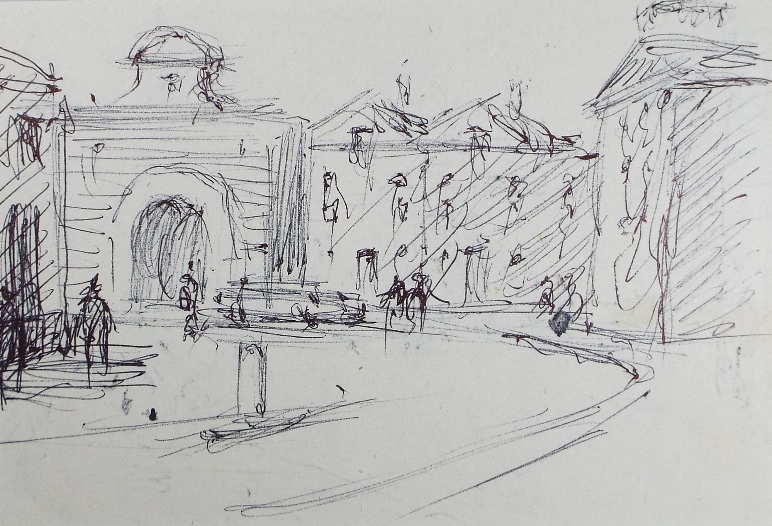 Original Pen & Ink drawing, 'Street with Figures', Hugh McKenzie (1909-2005), Mid 20th Century