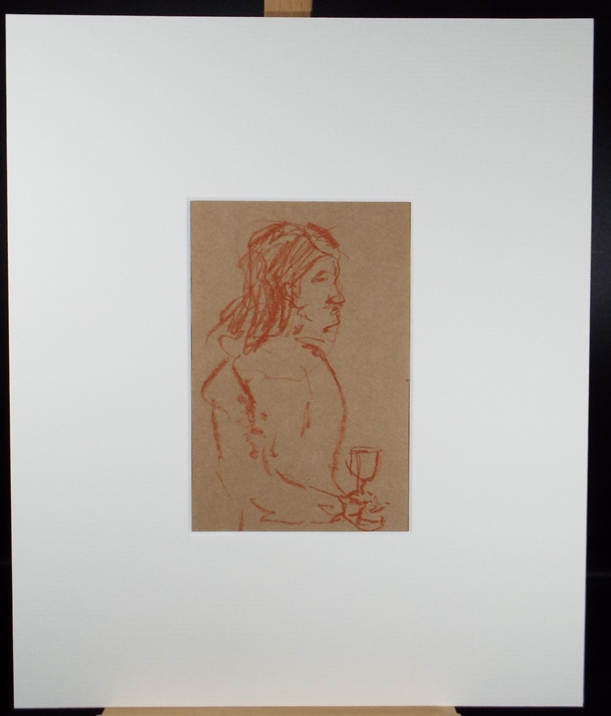 Original Conte Drawing, 'Figure with wine glass', Hugh McKenzie (1909-2005), Mid 20th Century