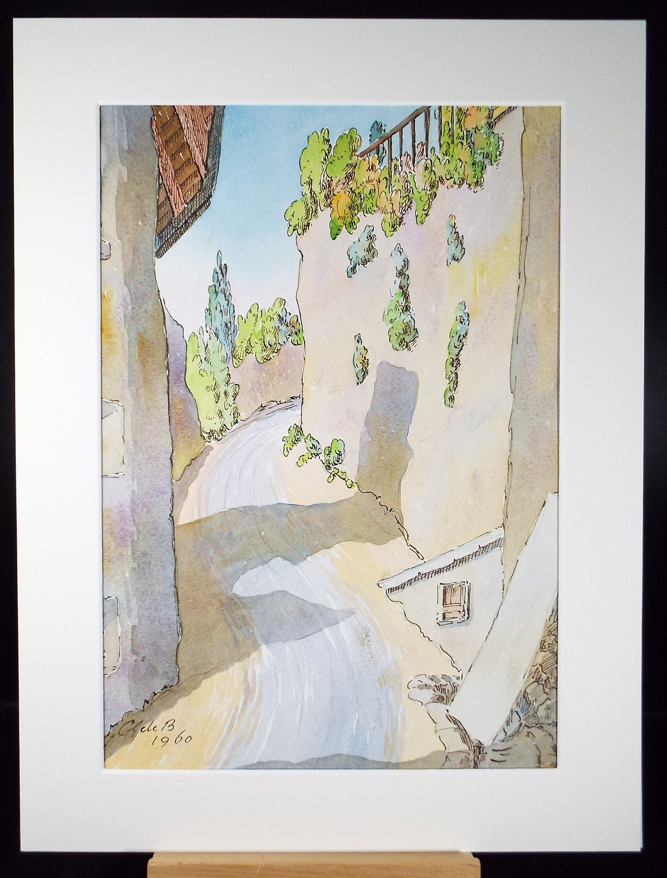 Original Watercolour & Ink , 'Saint Saphorin', Cicely Glyn de Beers (1891-1973), Dated 1960