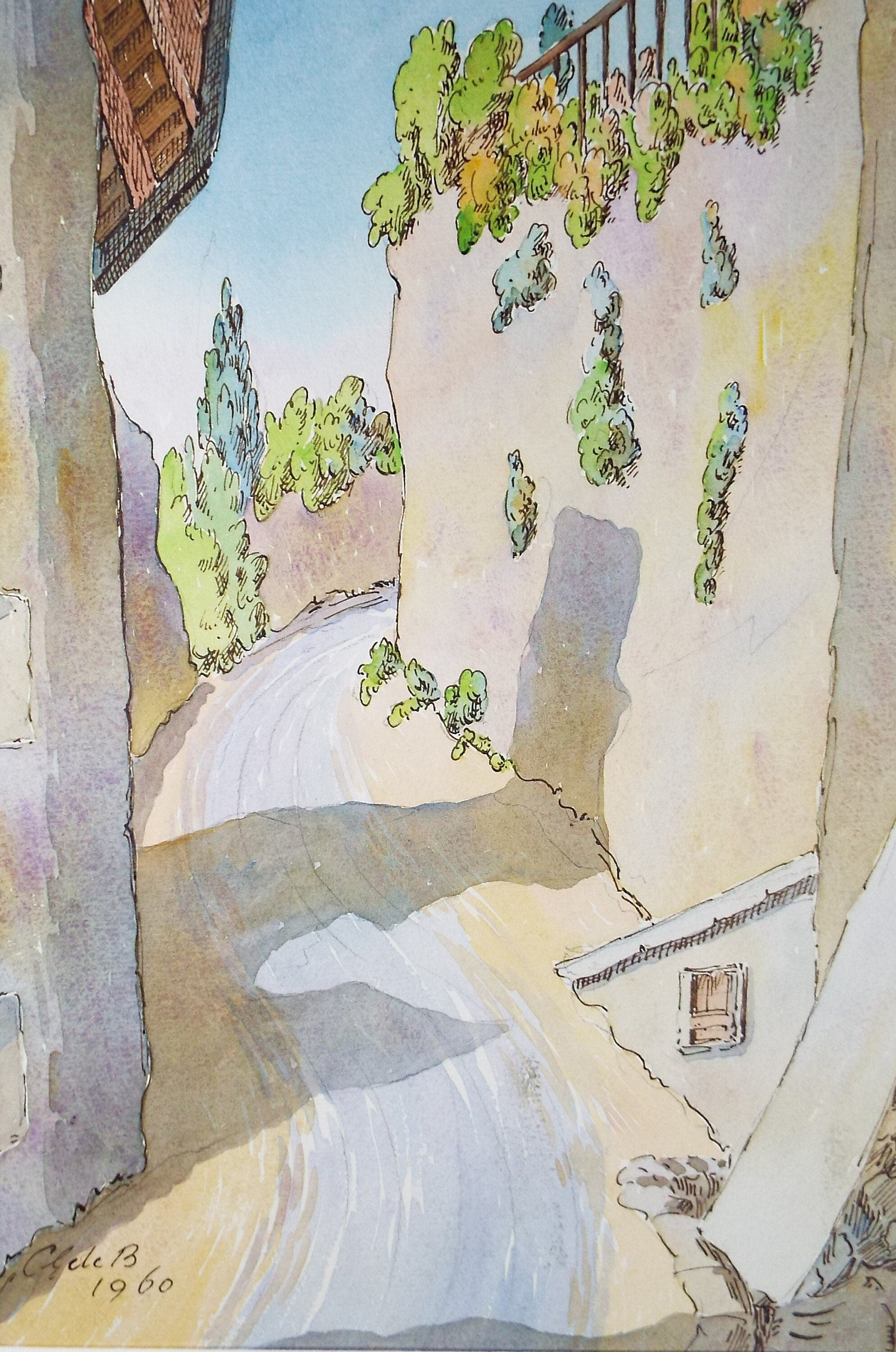 Original Watercolour & Ink , 'Saint Saphorin', Cicely Glyn de Beers (1891-1973), Dated 1960