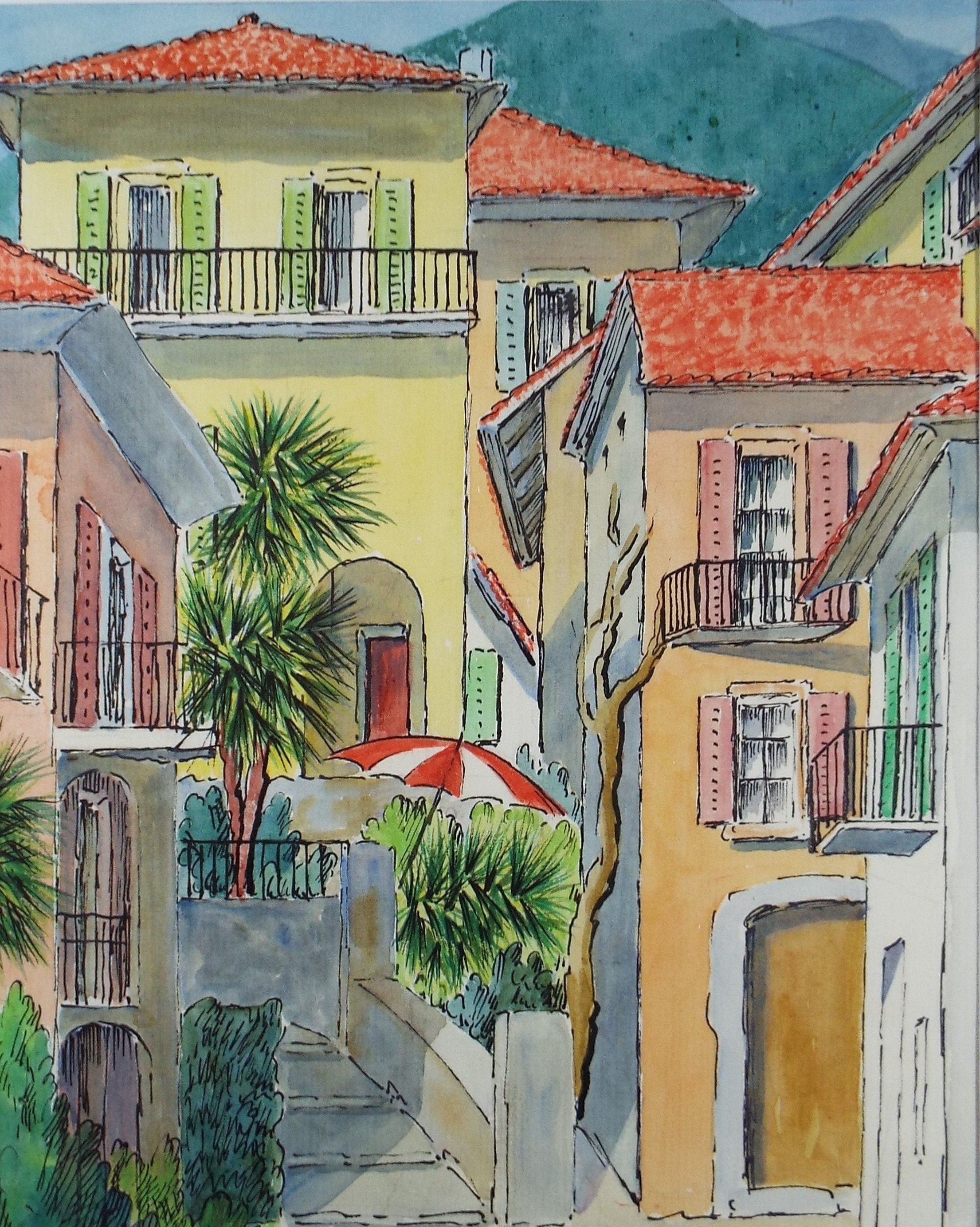 Original Watercolour & ink, 'Locarno, Switzerland', Cicely Glyn de Beers (1891-1973), Dated 1971