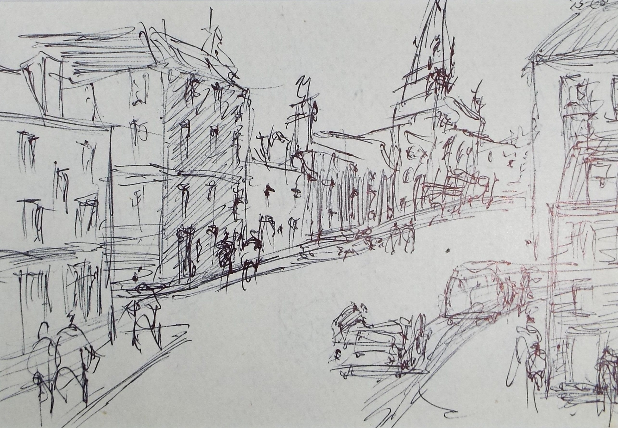Original Pen & ink sketch, 'Street Scene with Figures', Hugh McKenzie (1909-2005), Mid 20th Century