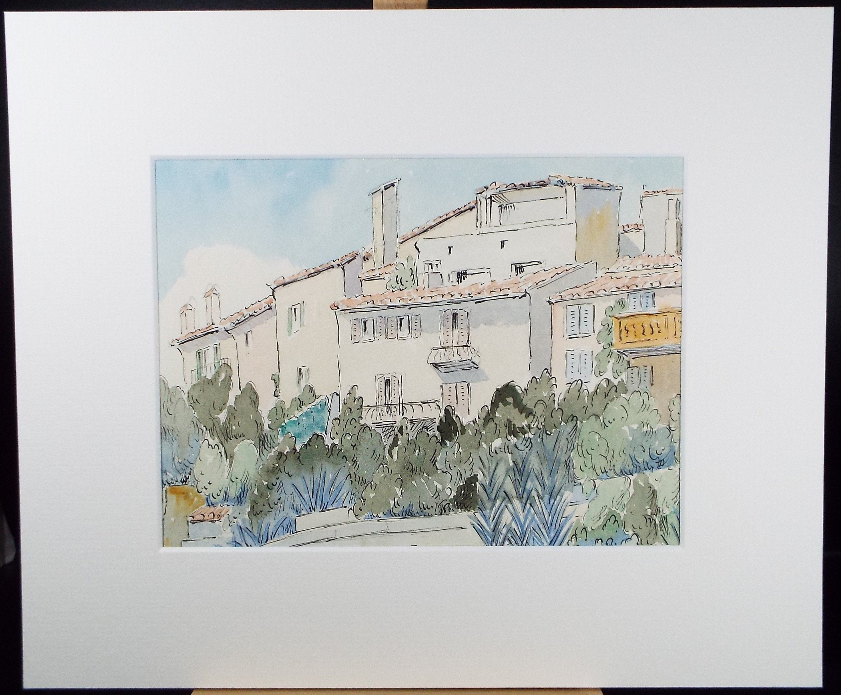 Original Watercolour & Ink , 'Mougins', Cicely Glyn de Beers (1891-1973), Dated 1964