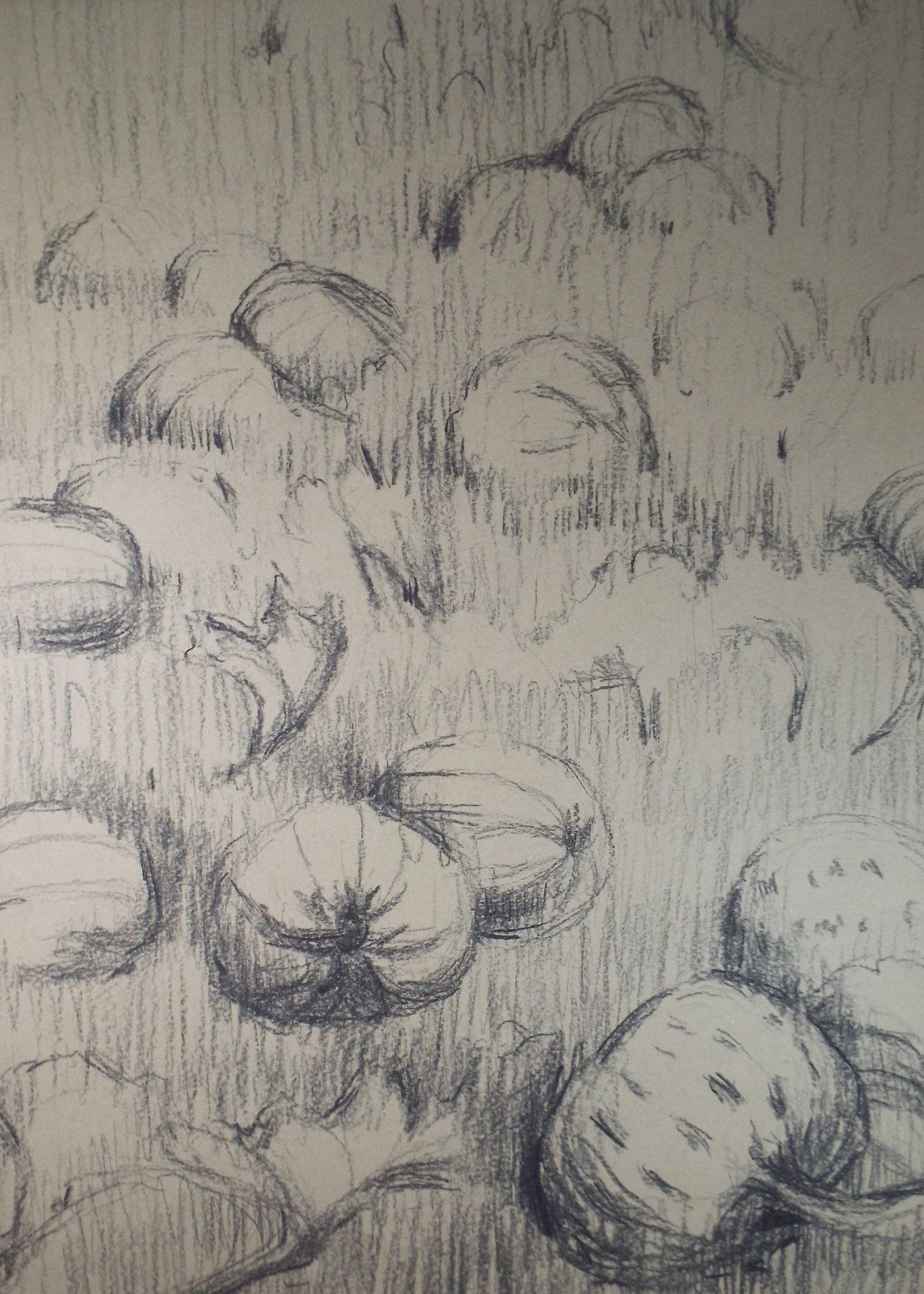 Original Conte Drawing 'The Pumpkin Patch', Circa 1970's, Artist unknown