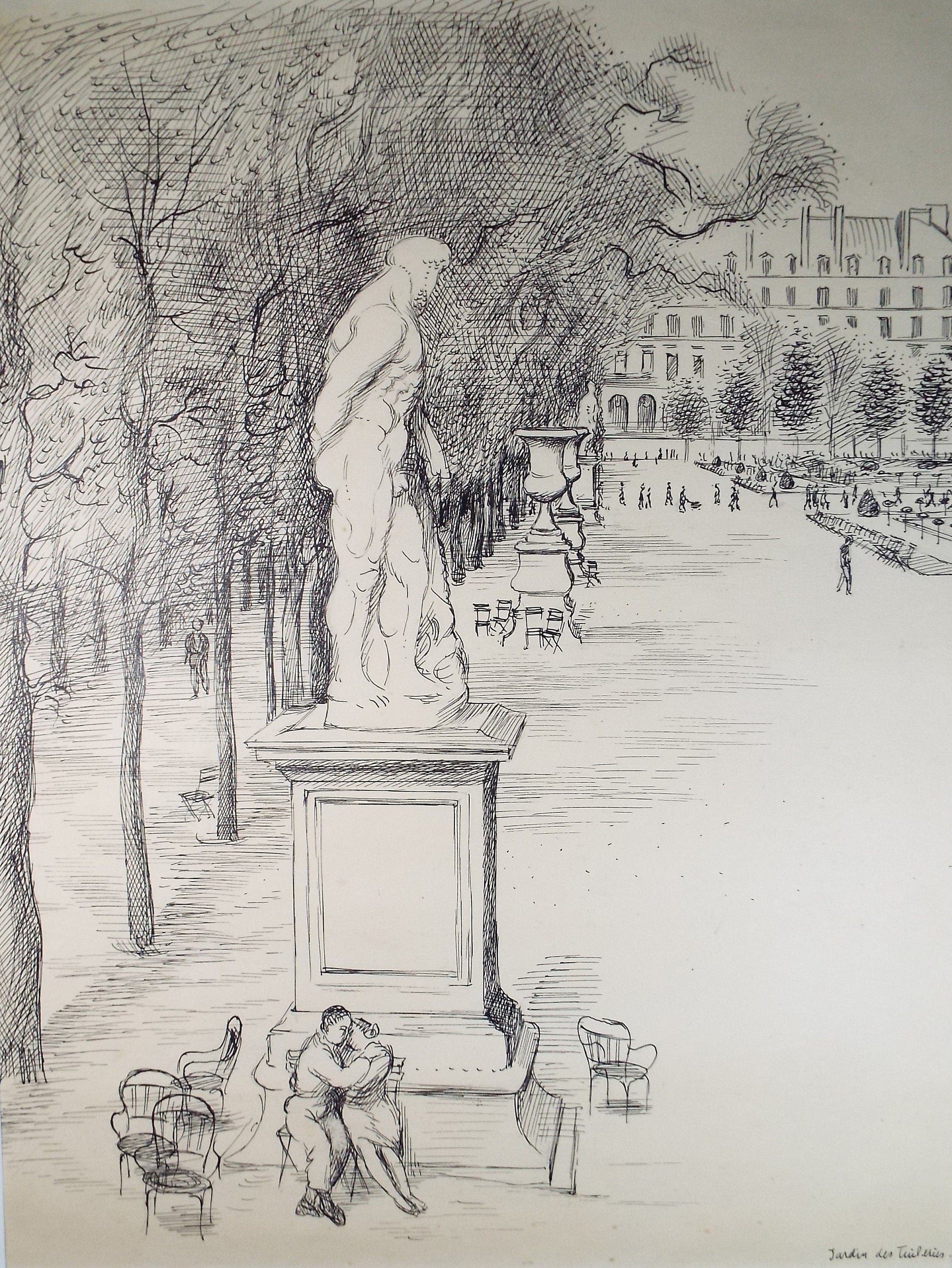 Original Pen & Ink on paper 'Jardin des Tuilleries' dated 1948, Artist unknown