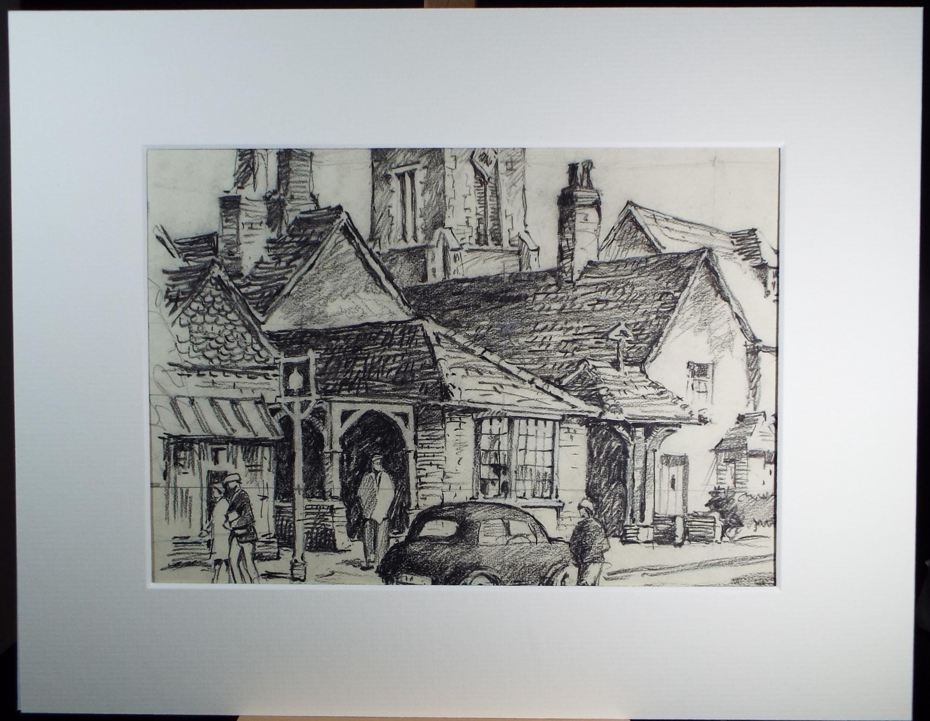 Original Charcoal drawing, 'Highstreet with Cars/Figures', R.A Andrew-Jones