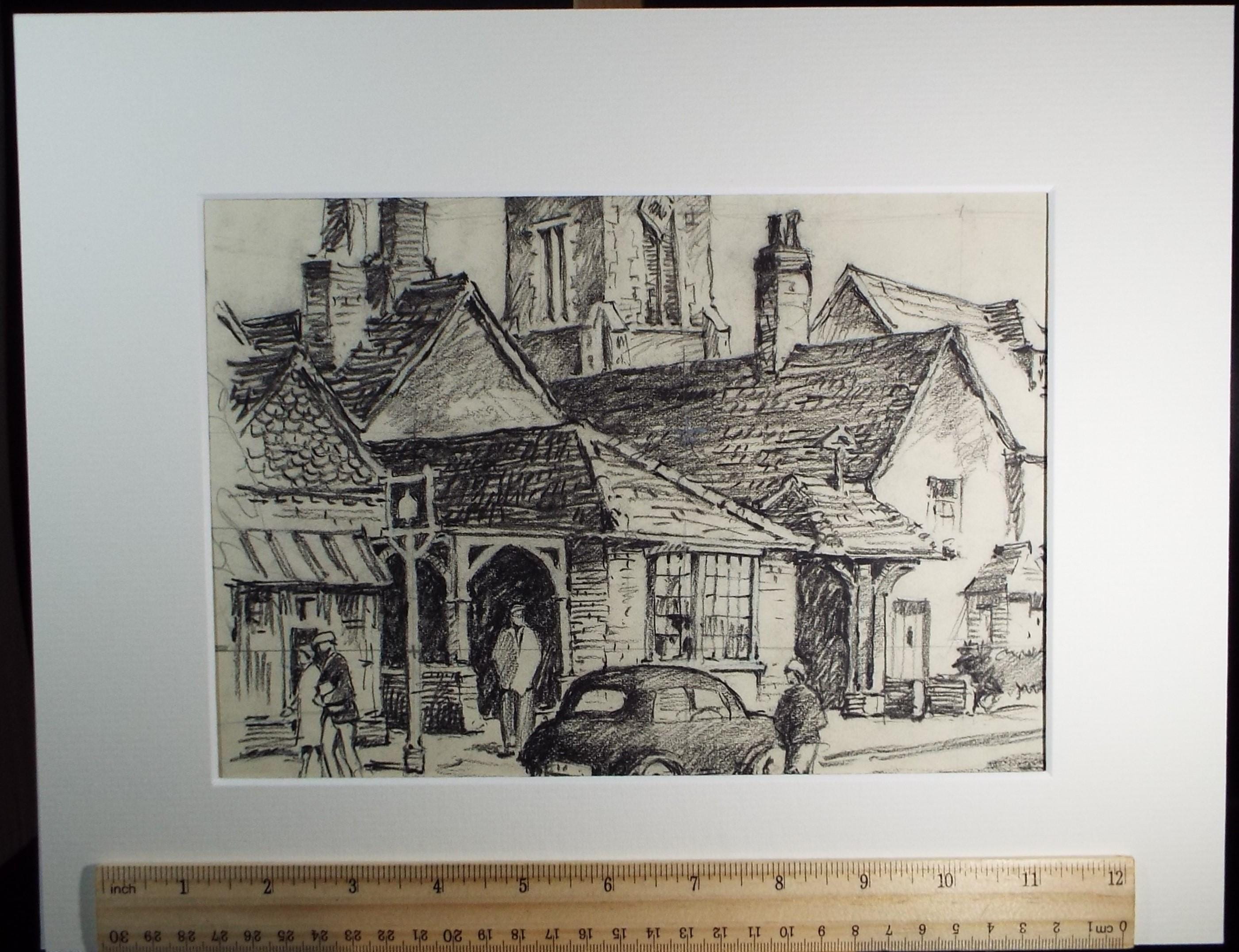 Original Charcoal drawing, 'Highstreet with Cars/Figures', R.A Andrew-Jones