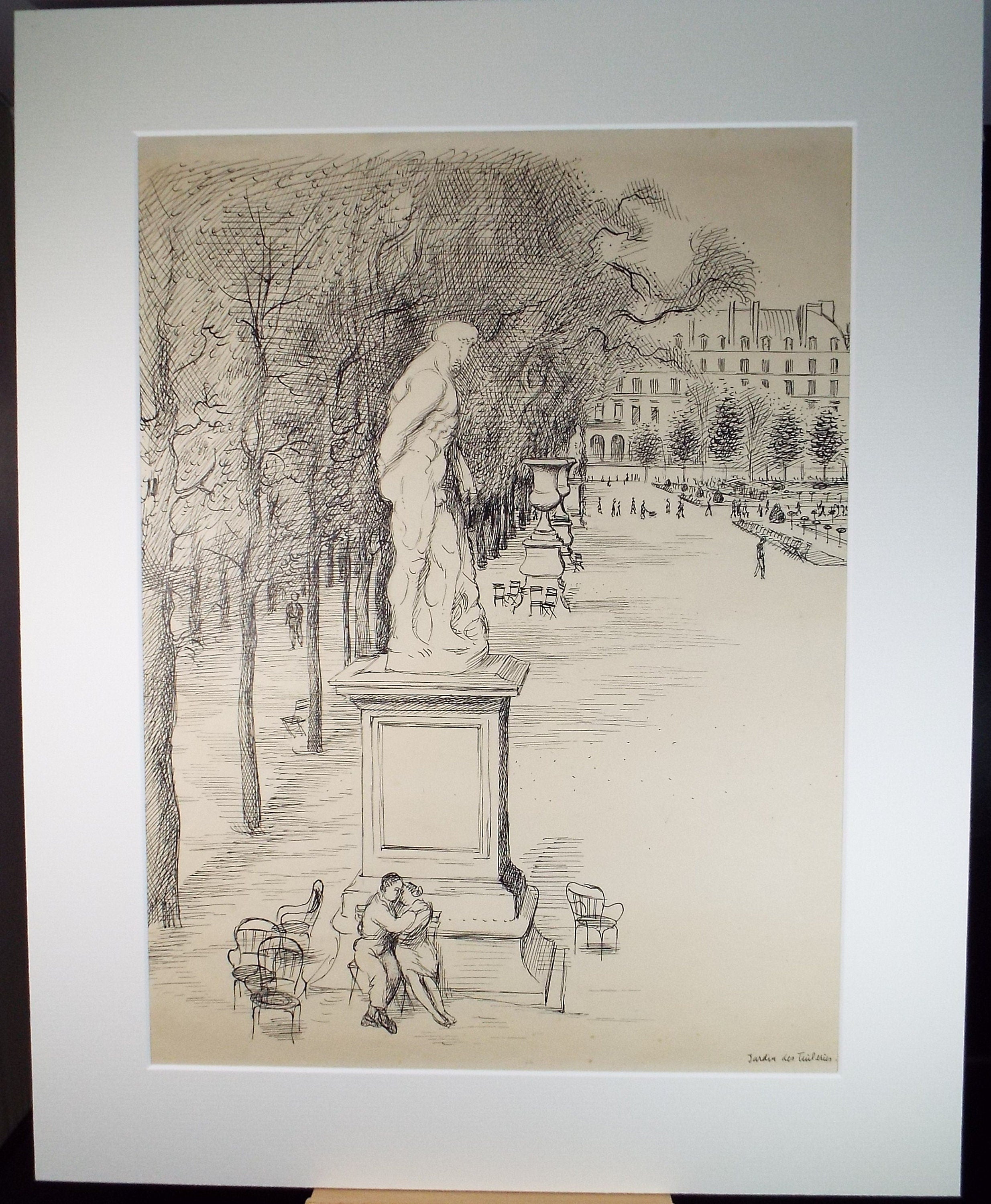 Original Pen & Ink on paper 'Jardin des Tuilleries' dated 1948, Artist unknown