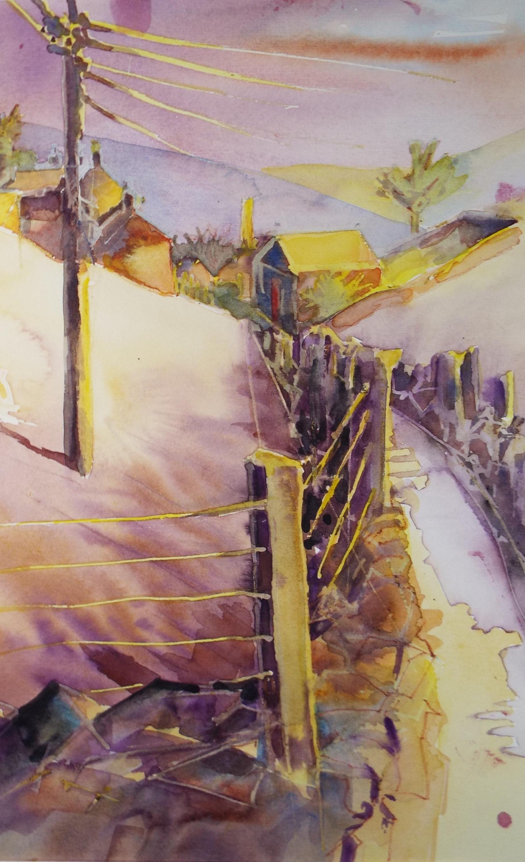 Original Watercolour,'Country Lane in purple', June Bevan, Circa 1990's