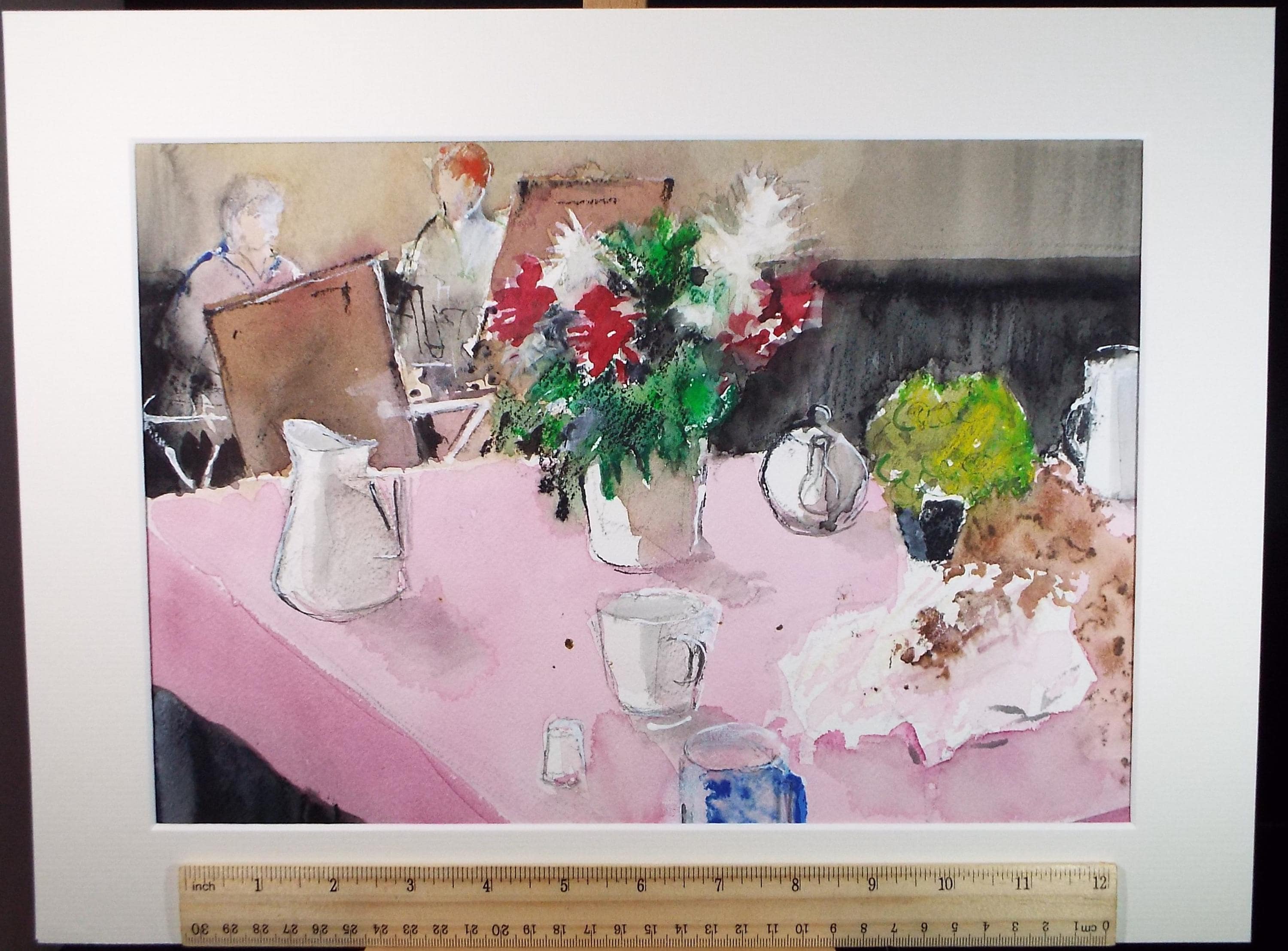 Original Watercolour, 'Still Life with pink tablecloth', June Bevan, c1990's