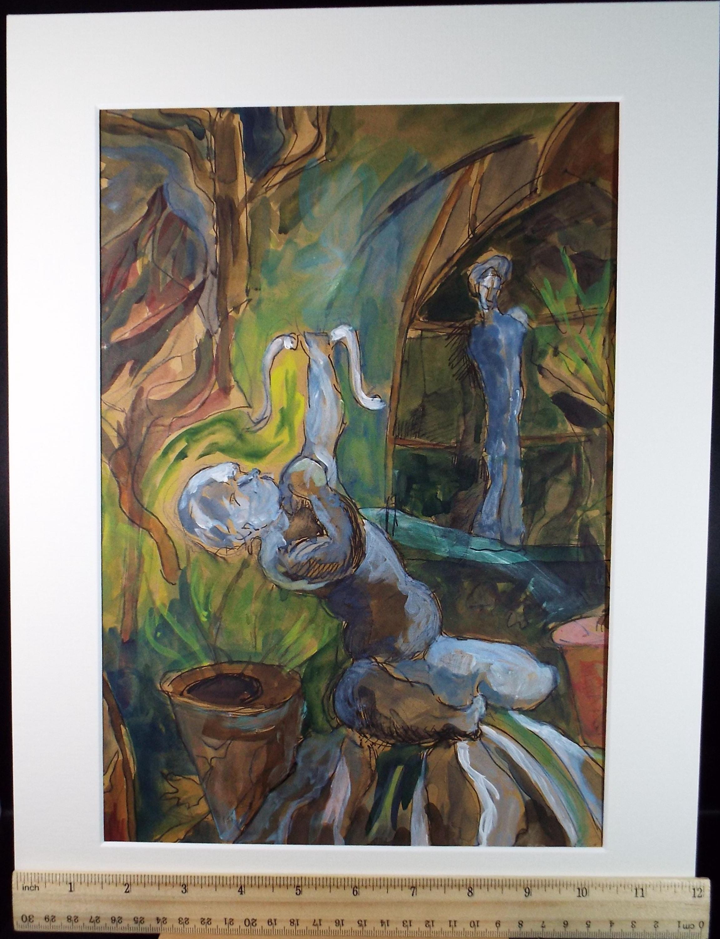 Original Gouache, 'Garden Statues', circa 1990's, Elizabeth Duncan Meyer