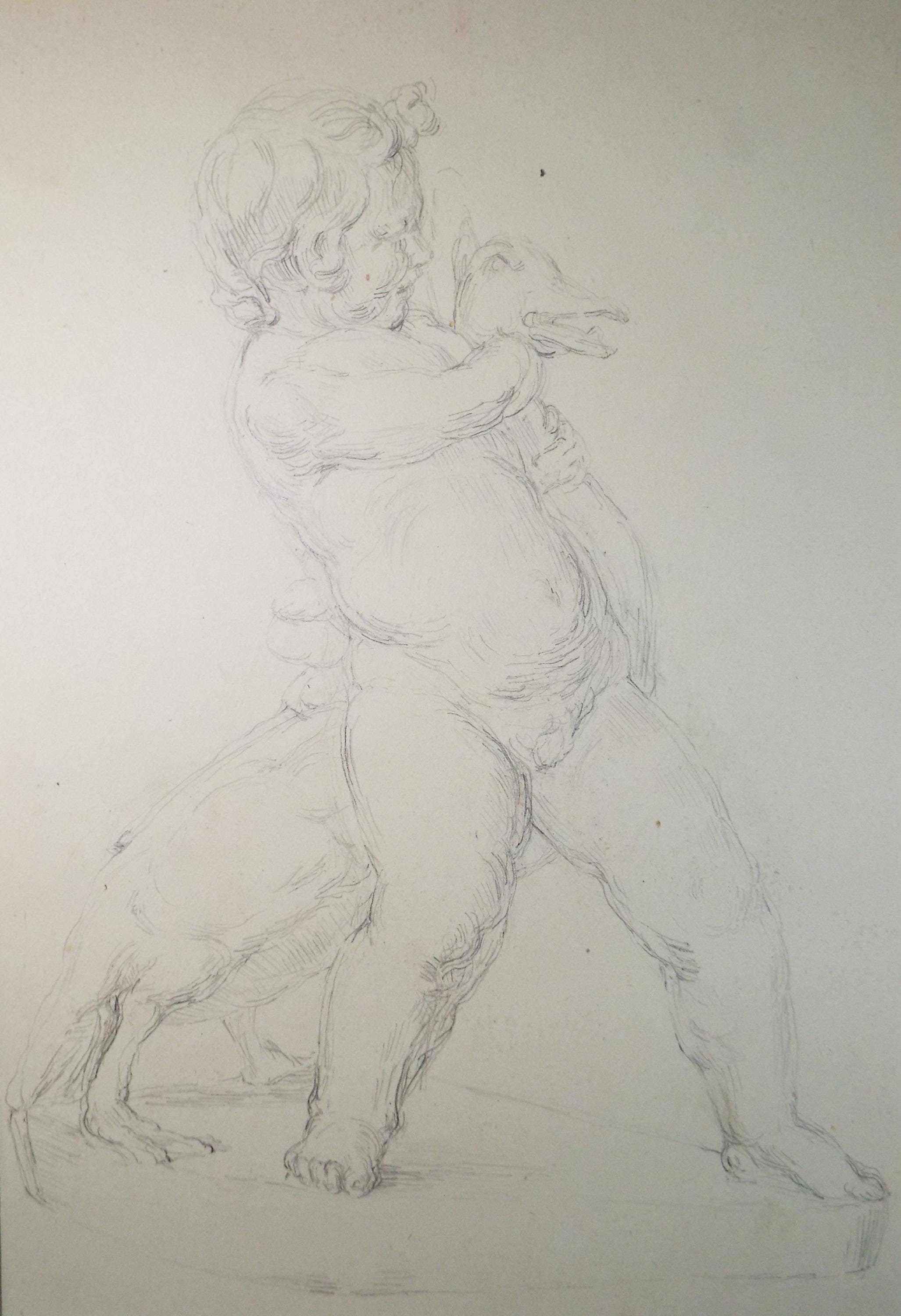 Original Pencil drawing, 'Putto with Swan', Circa 1940's, Hilda Burford