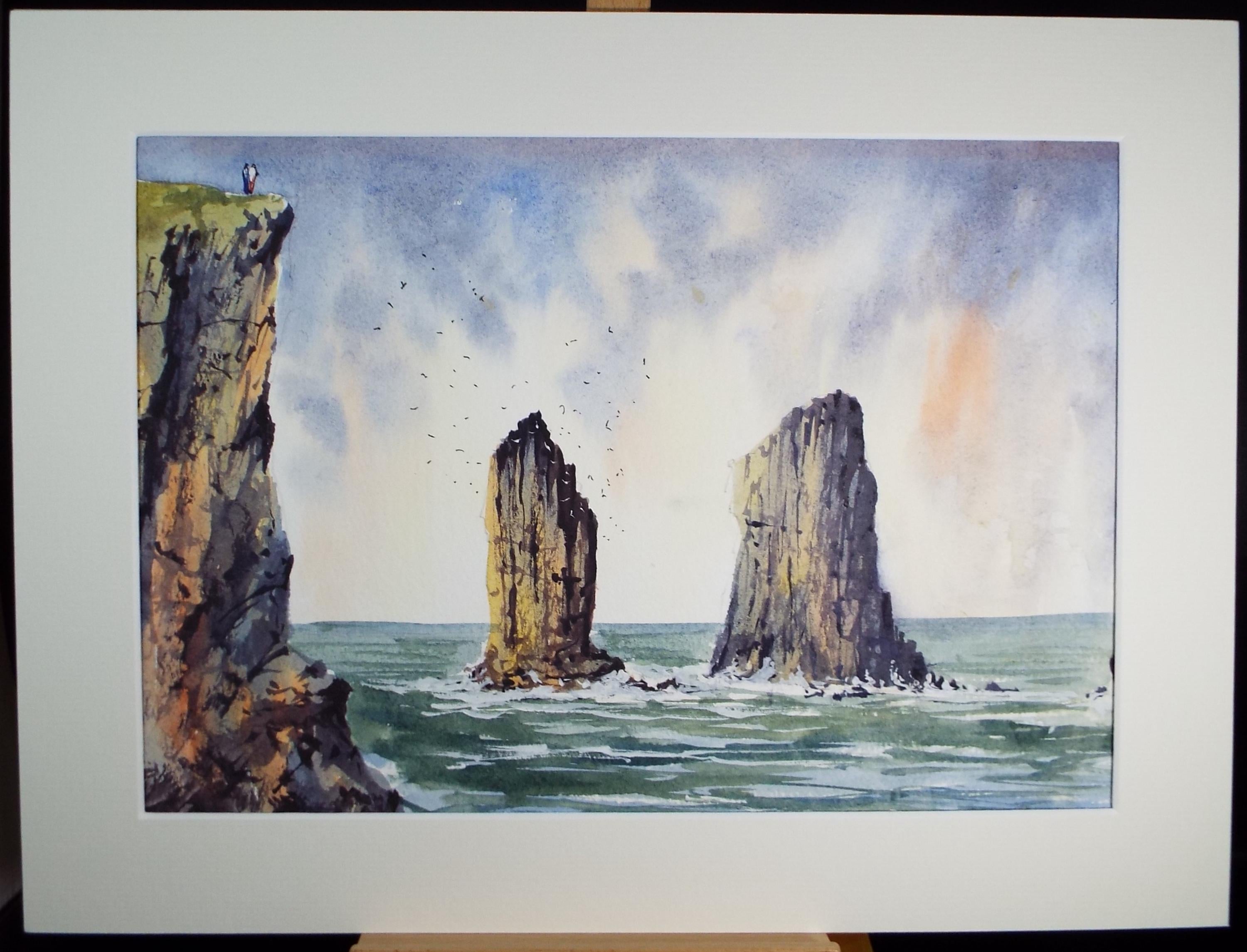 Original Watercolour, 'Sea Stacks with Figures', Dated 1999, A Micloy